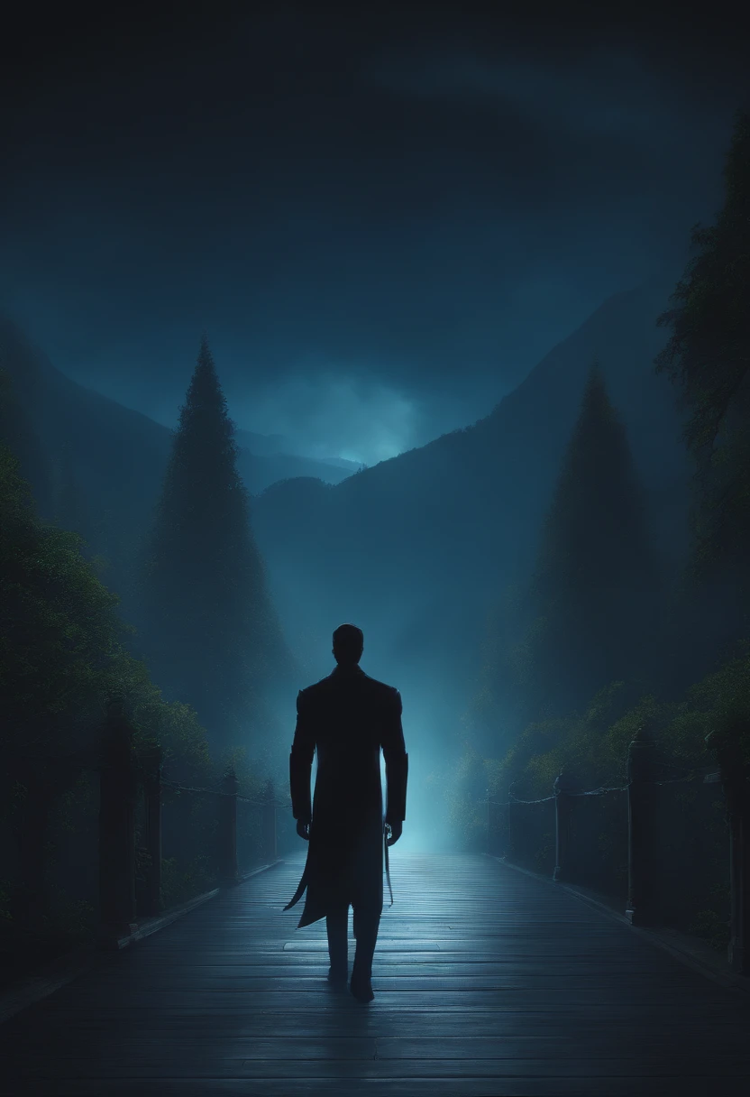 (Image of a: Epic pixel art, 64-bit) | (charact: slenderness, heroic bearing, Dark cover),Blue-white tones