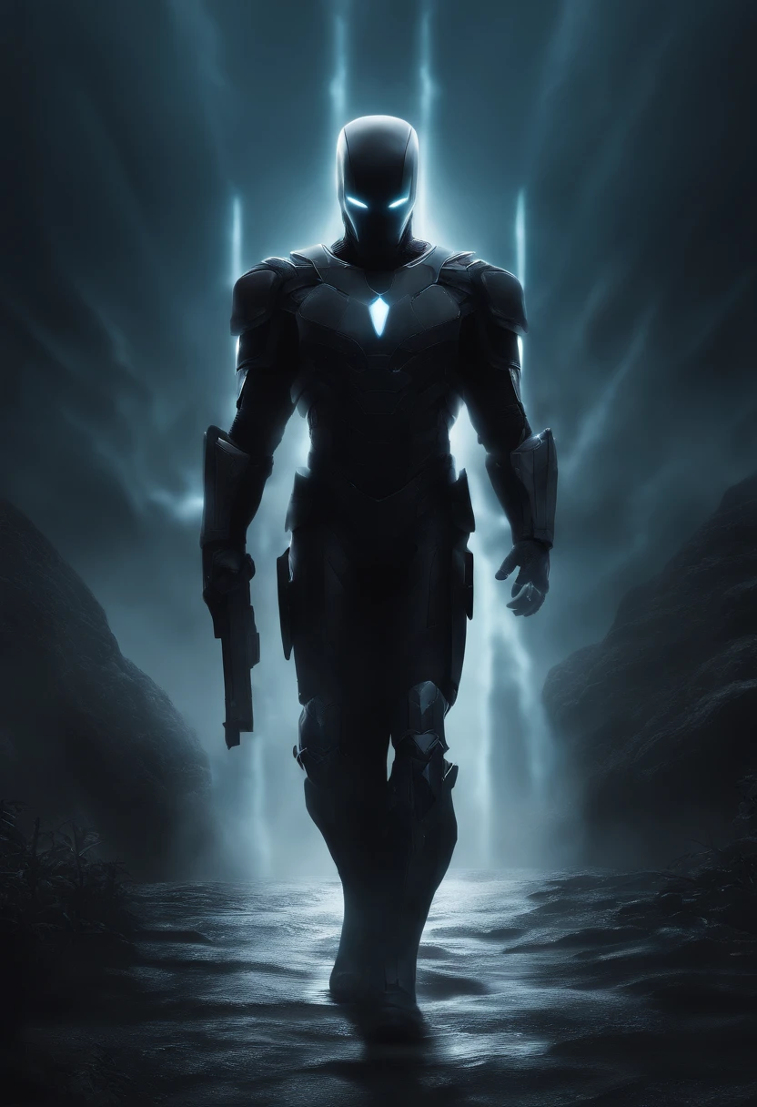 (Image of a: Epic pixel art, 64-bit) | (charact: slenderness, heroic bearing, Dark cover),Blue-white tones