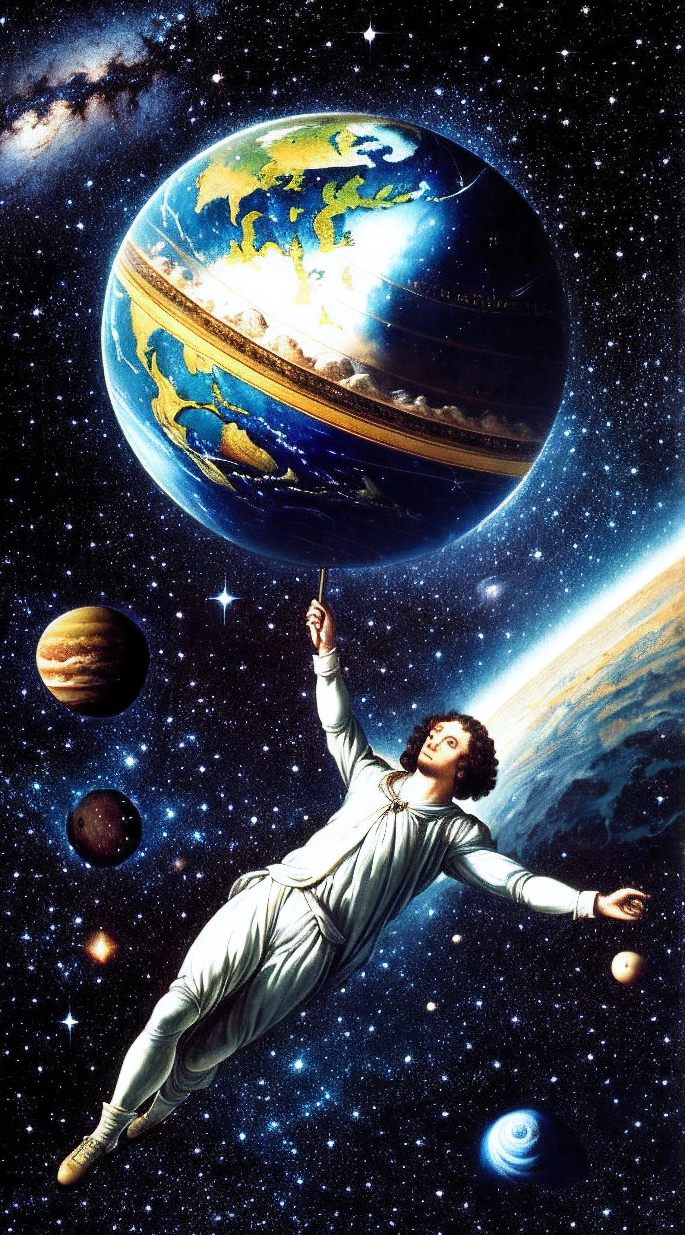 Isaac Newton, floating in the vast expanse of space, surrounded by the wonders of the universe.