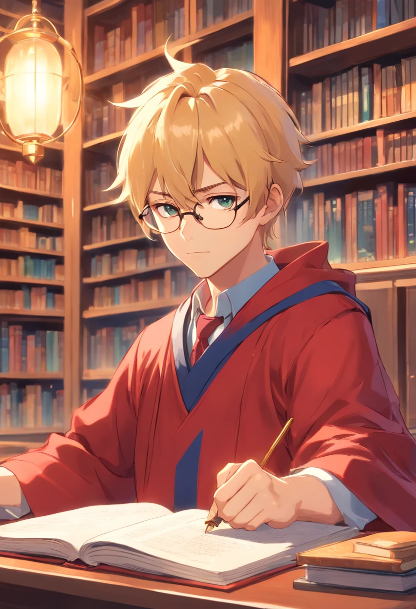 male, young adult, noble, wizard, blonde, detailed face, detailed hands, red noble clothes, glasses, smart, cocky looking, confident, library background, snob
