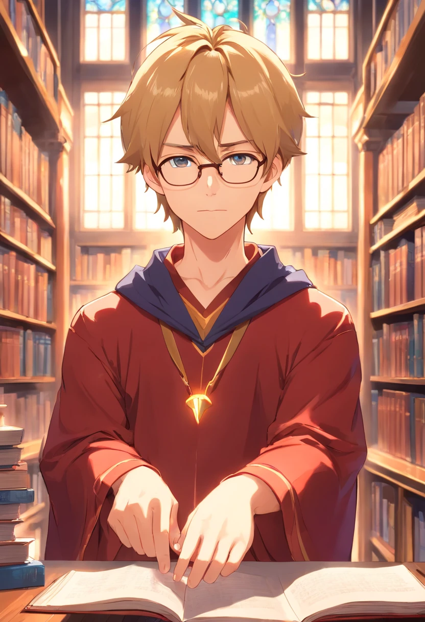 male, young adult, noble, wizard, blonde, detailed face, detailed hands, red noble clothes, glasses, smart, cocky looking, confident, library background, snob