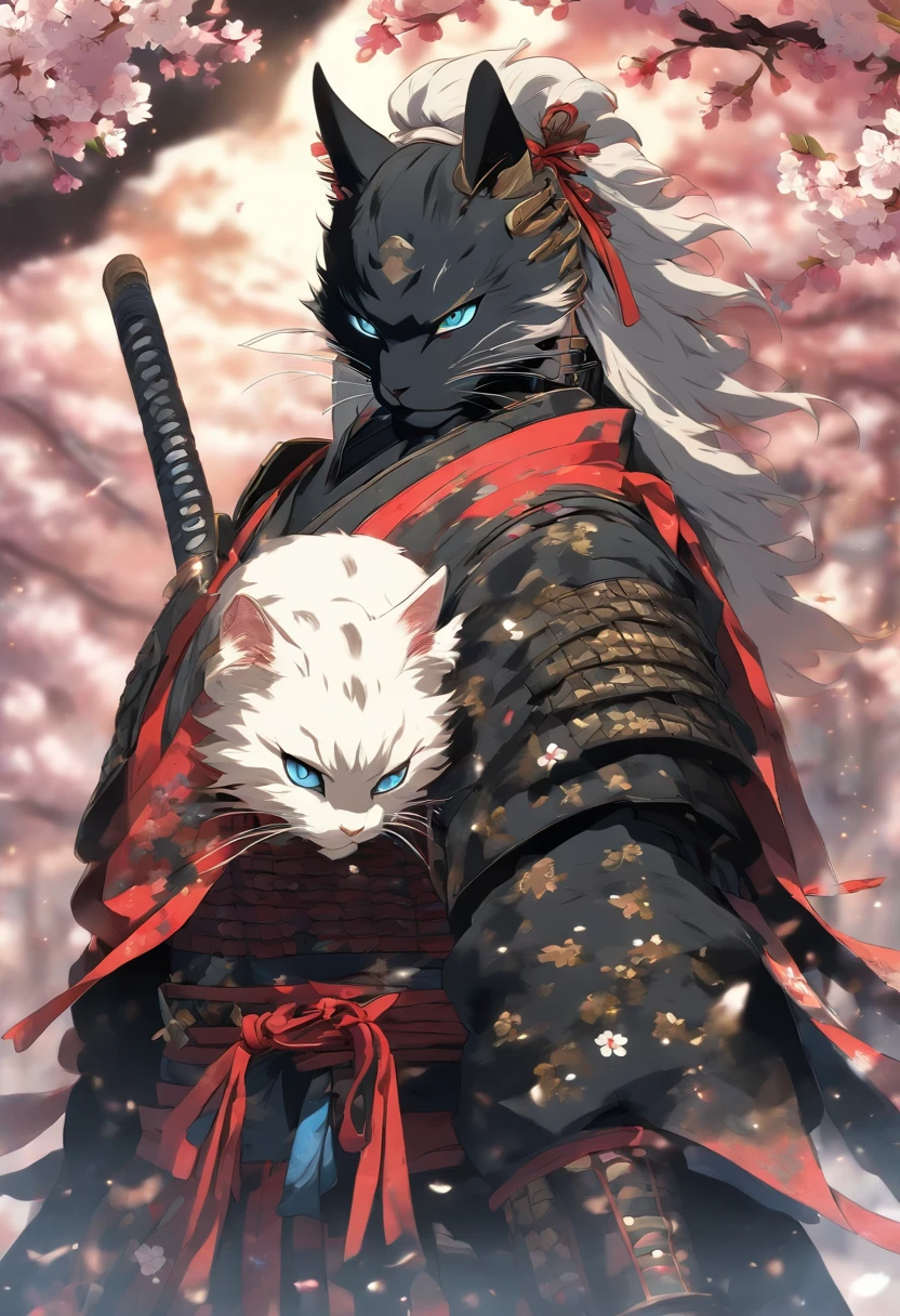 The most brave and noble cat samurai warrior, white hair, blue eyes, incredibly detailed black samurai armor with mounted sashimono war flag, cherry blossoms blowing in the wind, perfect masterpiece, high quality, high resolution