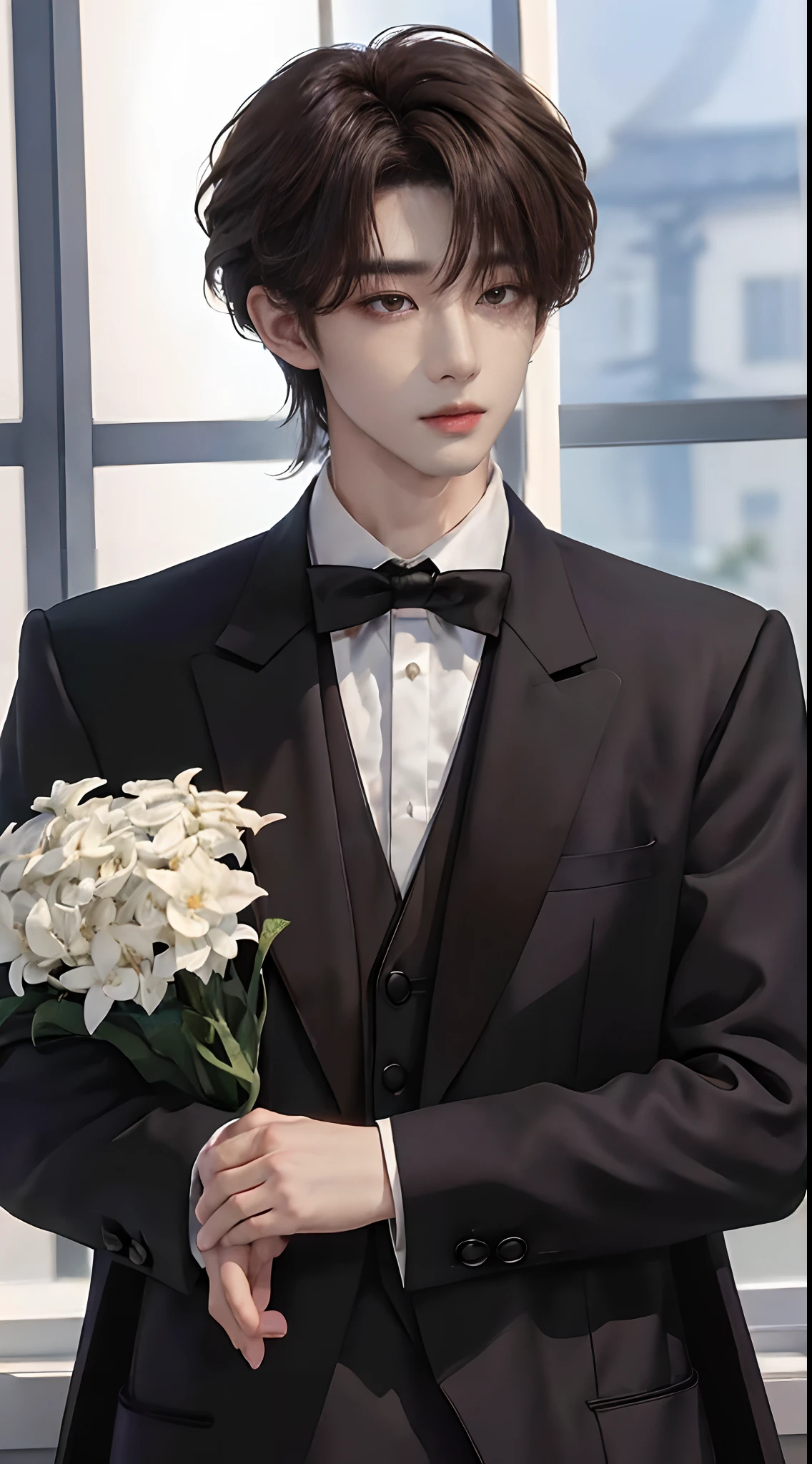 ((4K works))、masterpiece、(top-quality)、((high-level image quality))、((One Manly Boy))、Slim body、((Man in black tuxedo))、(Detailed beautiful eyes)、window、deacon、Face similar to Chaewon in Ruseraphim、((short hair above the ears))、((Smaller face))、((Neutral face))、((Light brown eyes))、((Korean boy))、((18year old))、((Handsome man))、((A charming expression))、((Korean Makeup))、((elongated and sharp eyes))、((Focus zoom out))、((Butler Photos))、Professional Photos、((Shot alone))、((Upper body photography))、((Butler Pose))