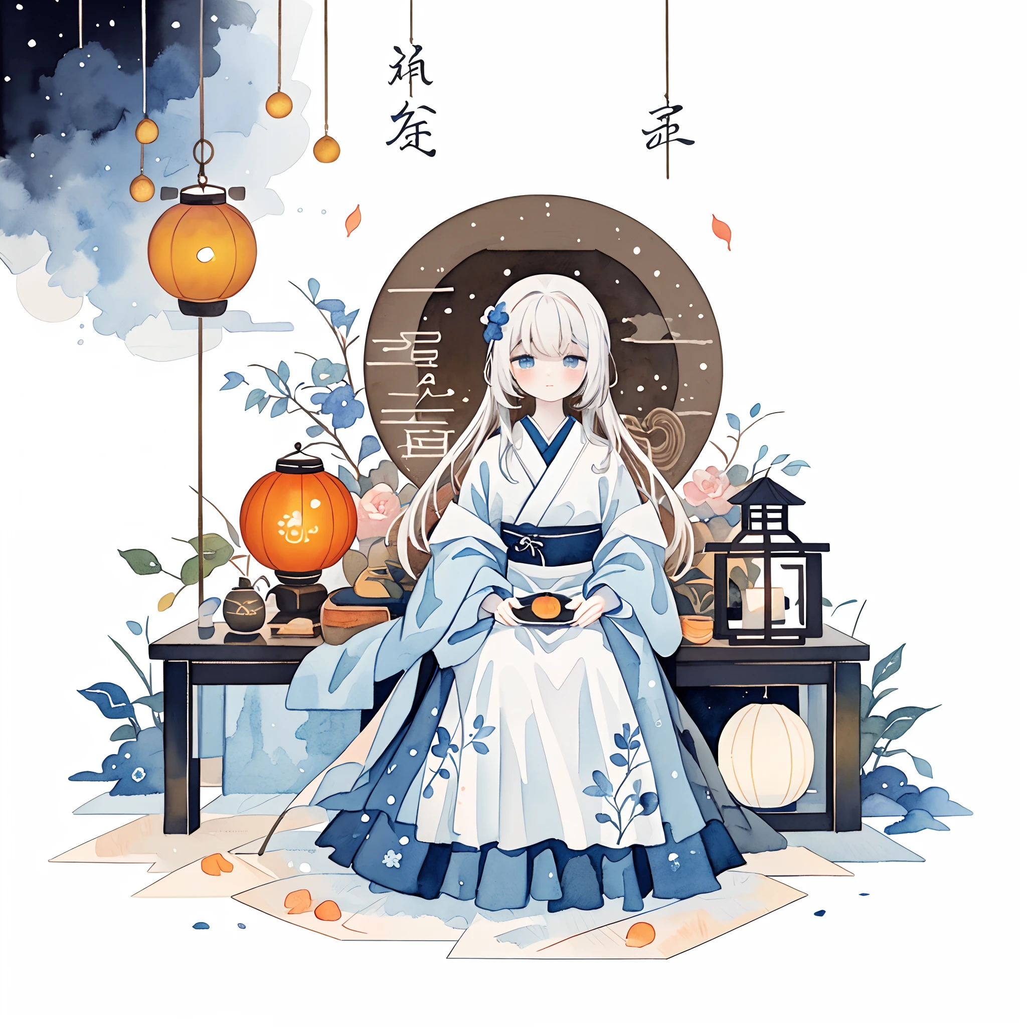 (pastelcolor:1.3)、(cute illustration:1.3)、(watercolor paiting:1.1),（A rabbit：1.4）, sat on the ground, Looking up, （（Mid-Autumn Festival atmosphere，sweet osmanthus，Kongming Lantern，Meniscus，Moon cake：1.3）），（Chinese kanji：1.3），Traditional Chinese illustration style, Digital art, Simple background, Masterpiece on white background, Best quality, Ultra-detailed, High quality, 4K