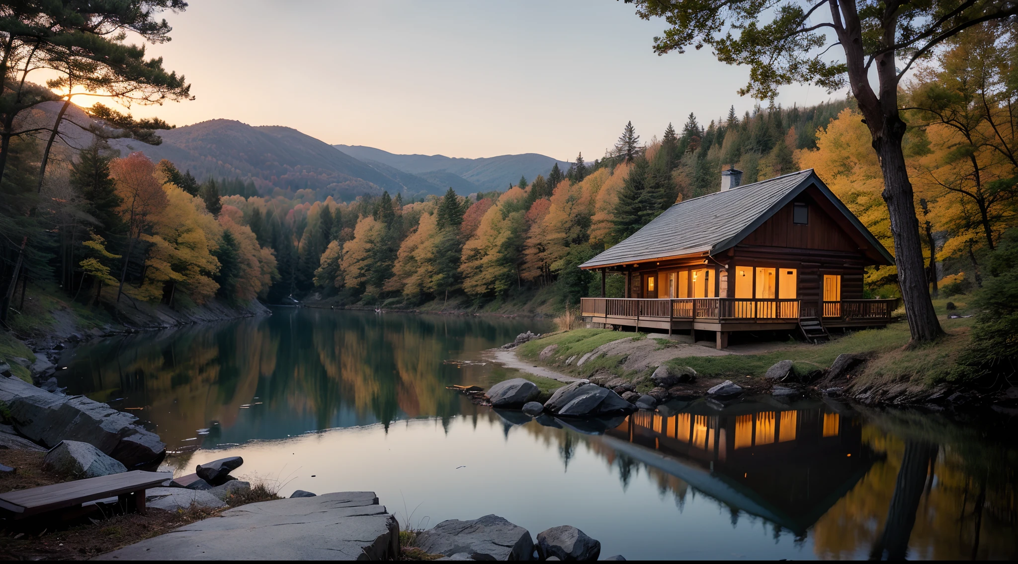 after sunset、(cabin, Located near a lake、Surrounded by nature:1.1, leafy tree々On a small hill covered with), (Beautiful lake view, Calm and tranquil scenery), (Wooden exterior wall, harmonizing with the natural surroundings), (Glowing softly in gentle light), (The roof of the cabin is covered with brown wood, It exudes a warm and cozy atmosphere of natural materials), (Autumn evening colors:0.9, Warm earthy tones), (Soft and natural lighting)