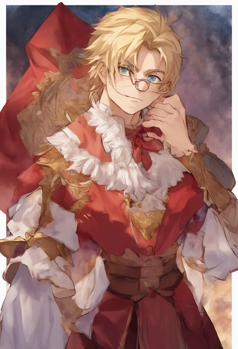 male, young adult, noble, wizard, blonde, detailed face, detailed hands, red noble clothes, glasses, smart, cocky looking, confident, library background, snob