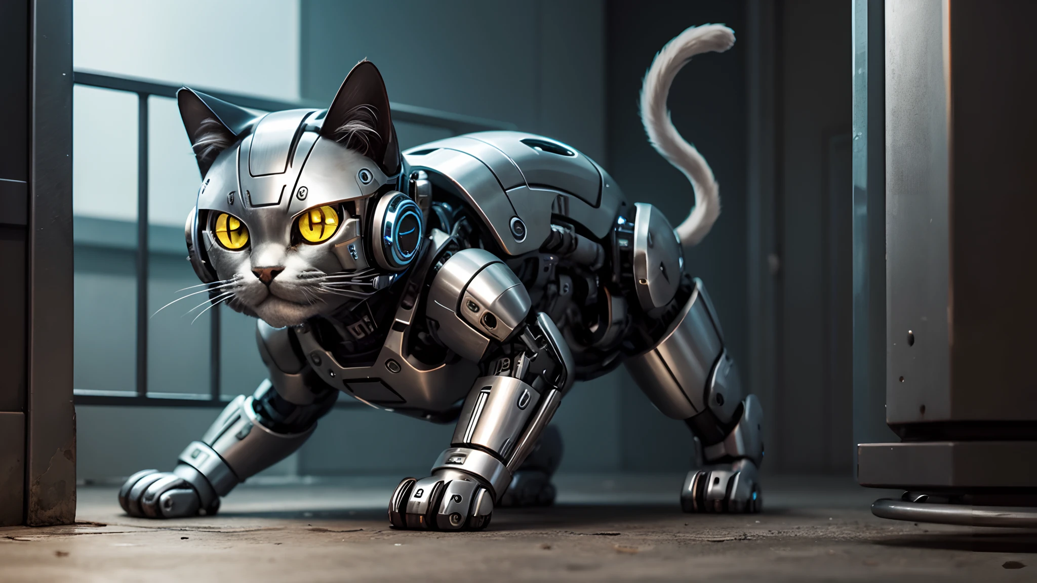 cute cyborg cat, half made of metal