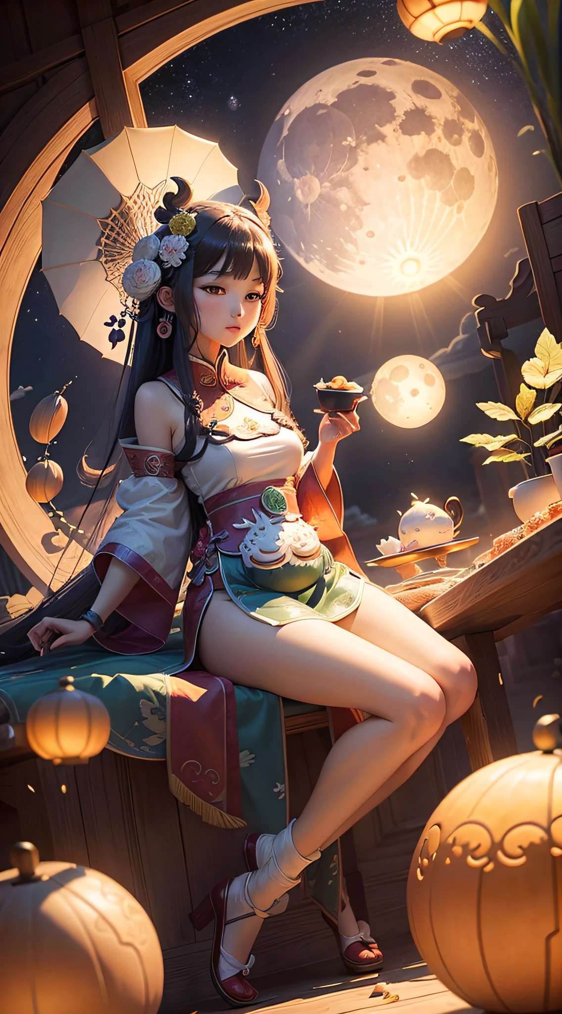 One beautiful woman wearing traditional long Chinese dress in gray and gold, almond eyes, heart shaped face with freckles, luxurious hairstyle with buns and braids, moon and temple in the background cherry blossom, Chinese lantern, dragon in the back, 4K fantasy, holding tea cup, curvy body, long black voluminous hair, wear luxurious gold necklace, dragon at the background, dark chocolate skinned complexion, dark freckles on the face