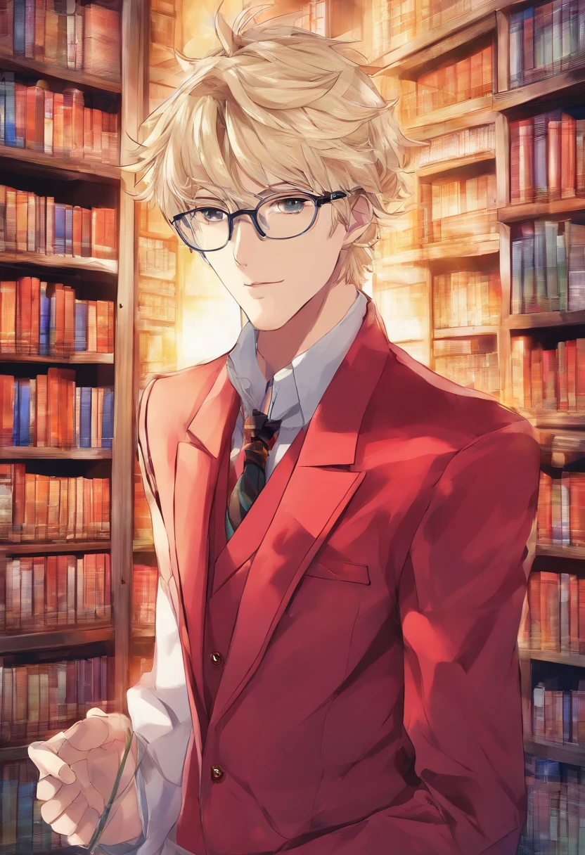 male, young adult, noble, wizard, blonde, detailed face, detailed hands, red noble clothes, glasses, smart, cocky looking, confident, library background, snob