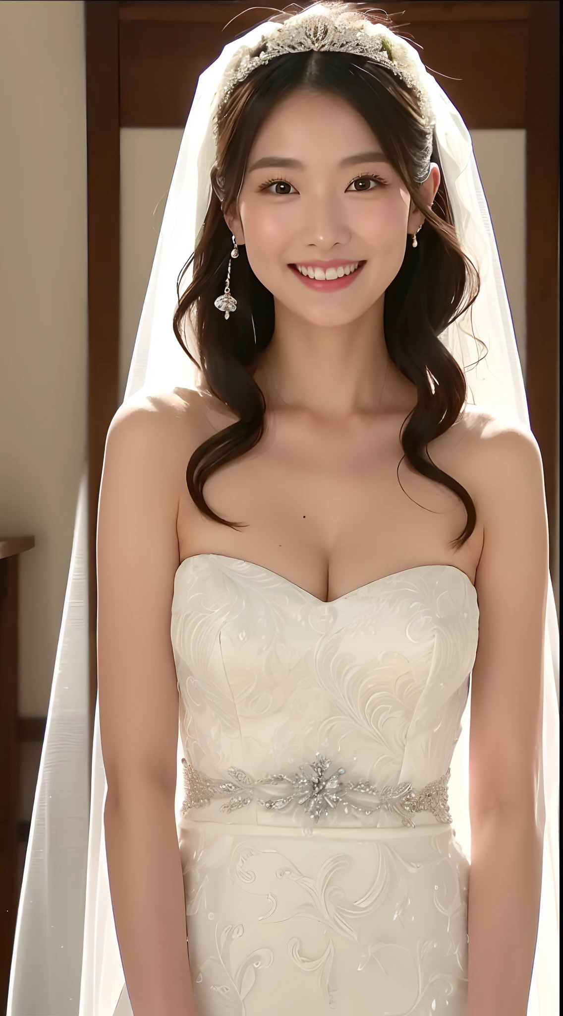 4K、top-quality、masutepiece、 独奏、25-year-old woman in Japan、((wedding dress))、wedding hall、Smiling at the camera