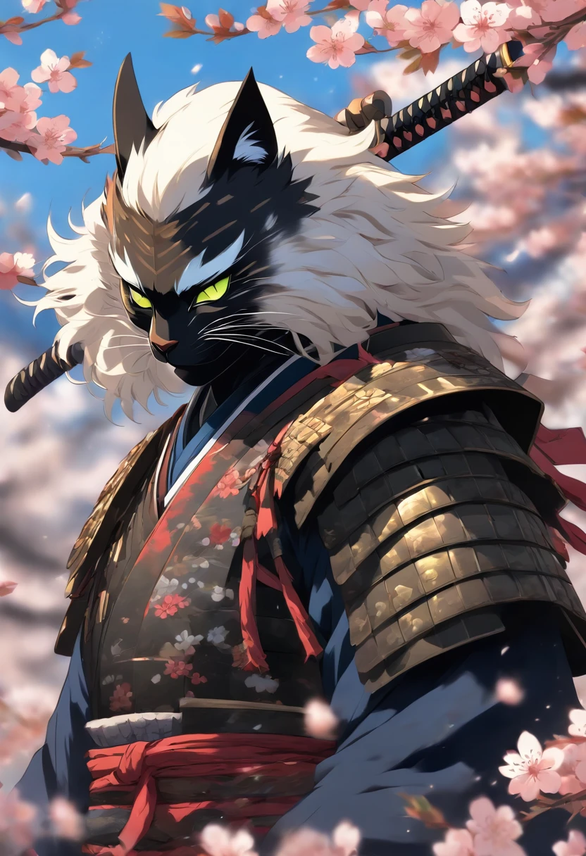 The most brave and noble cat samurai warrior, white hair, blue eyes, incredibly detailed black samurai armor with mounted sashimono war flag, cherry blossoms blowing in the wind, perfect masterpiece, high quality, high resolution