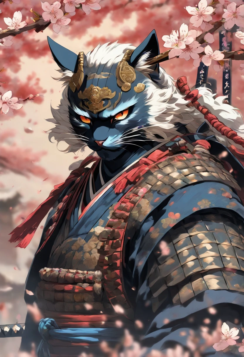 The most brave and noble cat samurai warrior, white hair, blue eyes, incredibly detailed black samurai armor with mounted sashimono war flag, cherry blossoms blowing in the wind, perfect masterpiece, high quality, high resolution