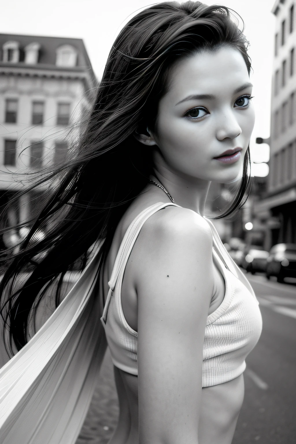 a picture、(Photorealsitic:1.4)、(hyper realisitic:1.4)、(Cinematic:1.5)、Woman in her 20s、（beautiful and delicate face）、（High-quality eyes）、the hair flutters with the wind、Fashion Photography、newyork、street、Building Street、tiffany、super model、Herblitz、lensflare、Steam Steam、monochrome