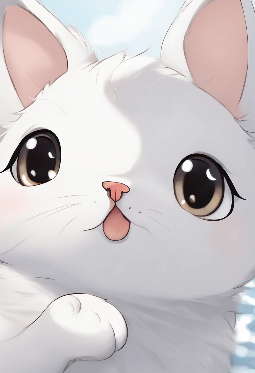 HD 4K Perro Blanco Pelaje Ojos Negros, sonrisa feliz, ears back, backgrounid blanco,Pintura digital altamente detallada, Anime visual lindo perro, Quiero que corras hacia el hermoso pie y seas extremadamente feliz, in the mouth holding a small gray cat