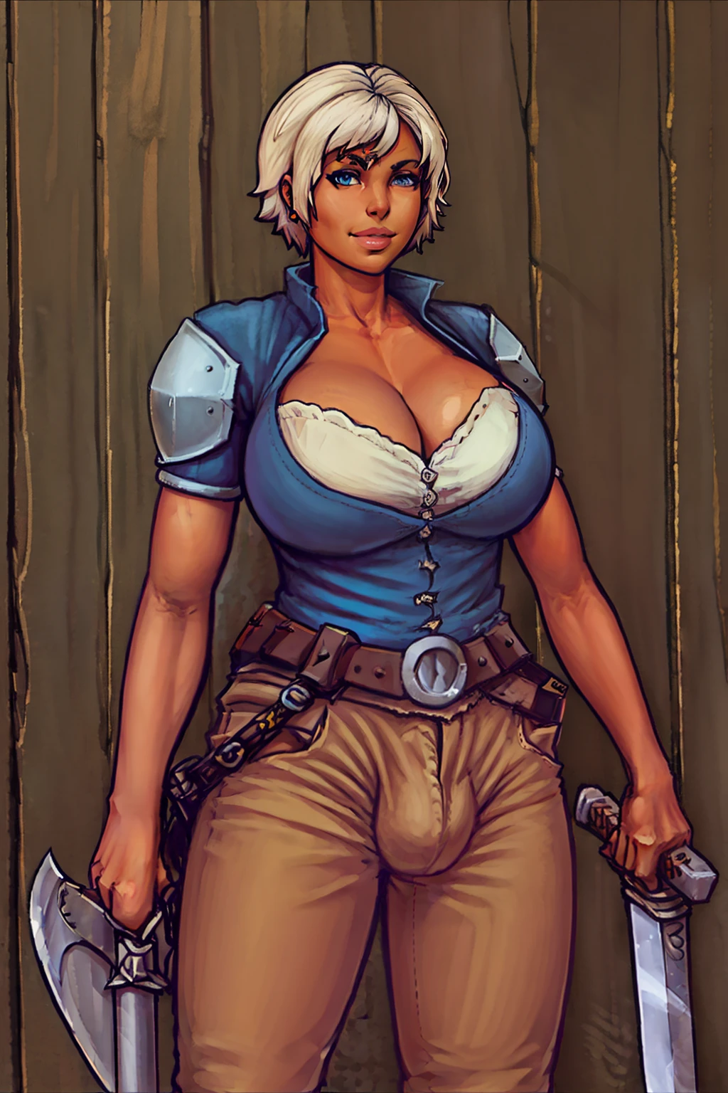 warlockandboobs, 1girl, solo, breasts, looking at viewer, smile, short hair, blue eyes, large breasts, shirt, holding, cleavage, weapon, white hair, belt, pants, sword, dark skin, holding weapon, armor, huge breasts, dark-skinned female, lips, holding sword, shoulder armor, pauldrons, nose, over shoulder, weapon over shoulder, single pauldron, sword over shoulder, outdoors, ((pants bulge)), futa