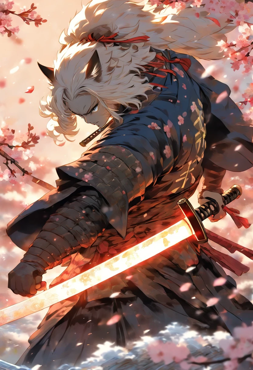 The most brave and noble cat samurai warrior drawing his sword going into battle, white hair, blue eyes, incredibly detailed black samurai armor with mounted sashimono war flag, cherry blossoms blowing in the wind, perfect masterpiece, high quality, high resolution