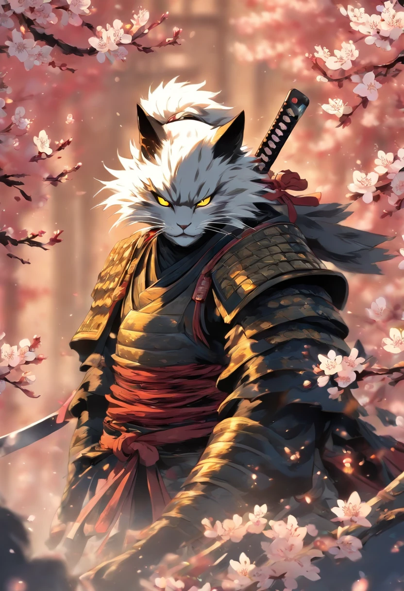 The most brave and noble cat samurai warrior drawing his sword going into battle, white hair, blue eyes, incredibly detailed black samurai armor with mounted sashimono war flag, cherry blossoms blowing in the wind, perfect masterpiece, high quality, high resolution