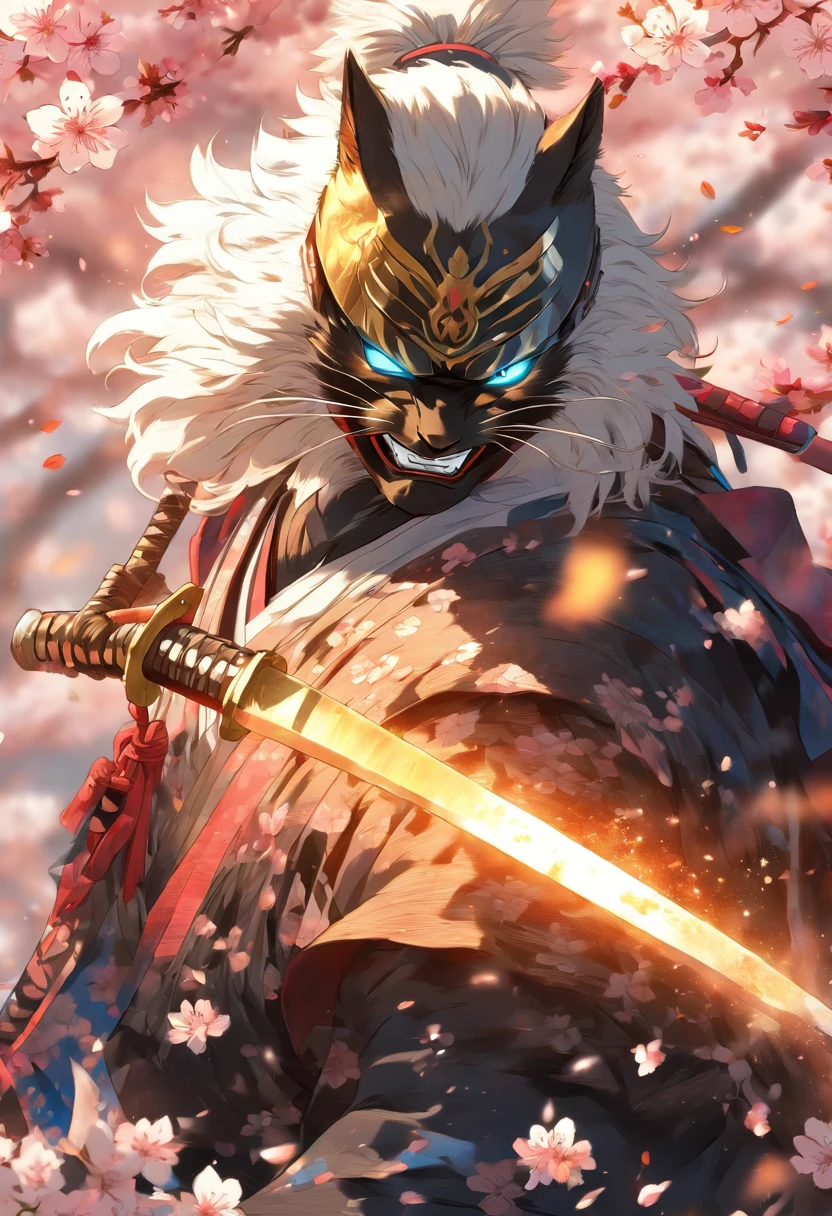 The most brave and noble cat samurai warrior drawing his sword going into battle, white hair, blue eyes, incredibly detailed black samurai armor with mounted sashimono war flag, cherry blossoms blowing in the wind, perfect masterpiece, high quality, high resolution
