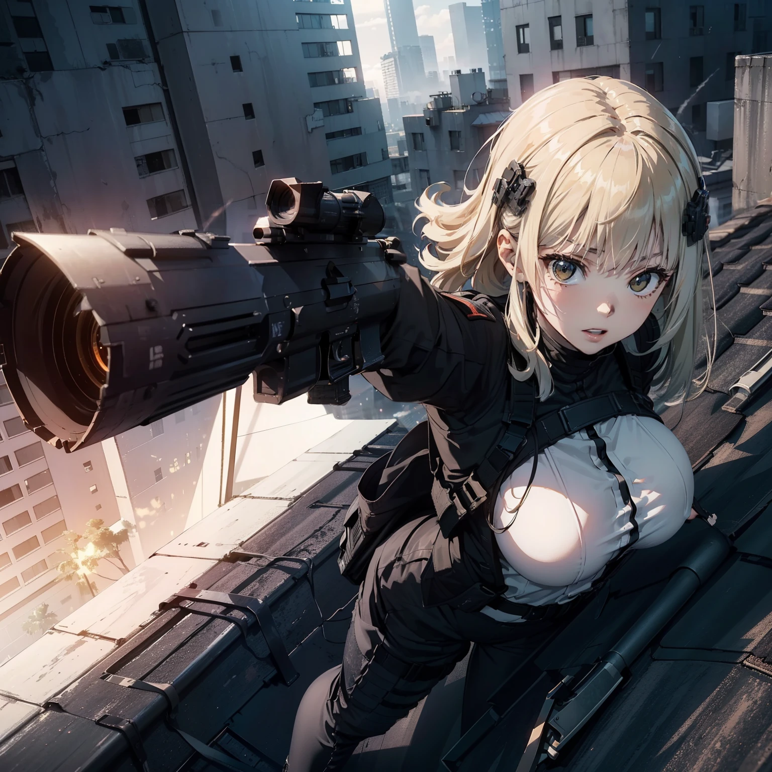 (Trained female soldiers)、((Aim and fire your rifle:1.4、Sniper stance、guns、h&K HK416))、1 Women、thick body、(Black combat uniform)、(platinum-blonde-hair:1.2)、((超A high resolution))、Detail Write、masterpiece、top-quality、extremely details CG、8K picture quality、Cinematographic lighting、lensflare、(Skyscraper rooftop at night:1.4)、Hyper-detailing、((Dynamic Angle Bust Shots:1.4))、Detailed firearm depiction、Rifle with perfect detail、Perfect barrel that does not distort、Fighter in the sky、Military drones