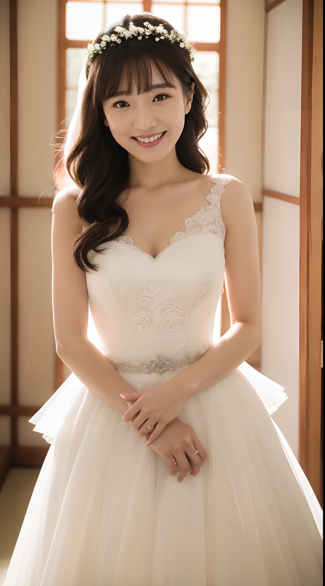 4K、top-quality、masutepiece、 独奏、35 year old woman with cute Japan、((wedding dress))、wedding hall、Smiling at the camera