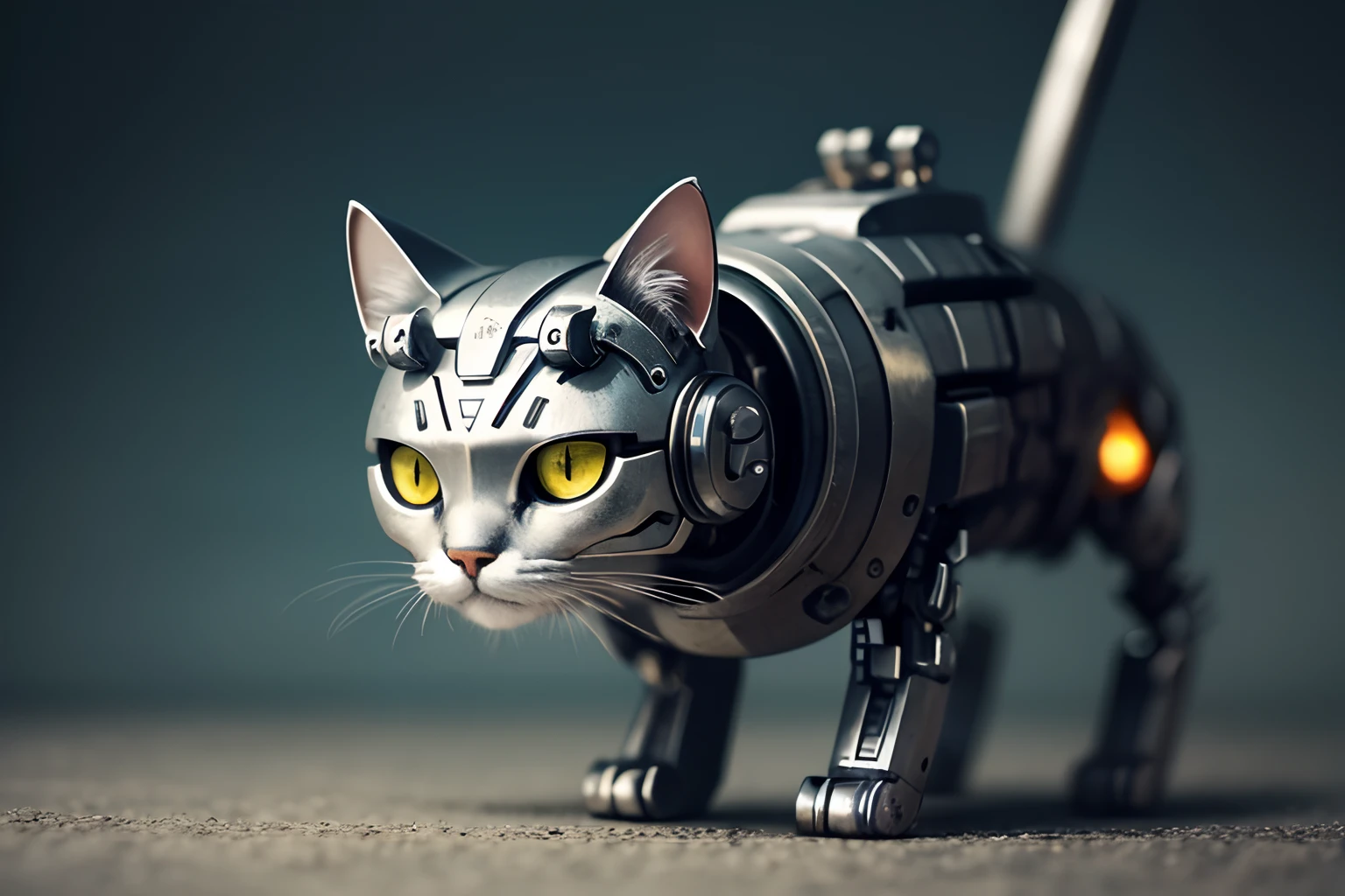 cute cyborg cat, half made of metal