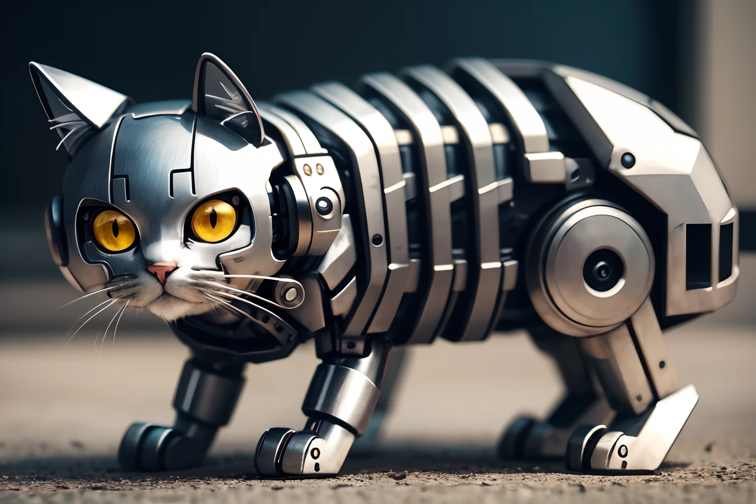 cute cyborg cat, half made of metal