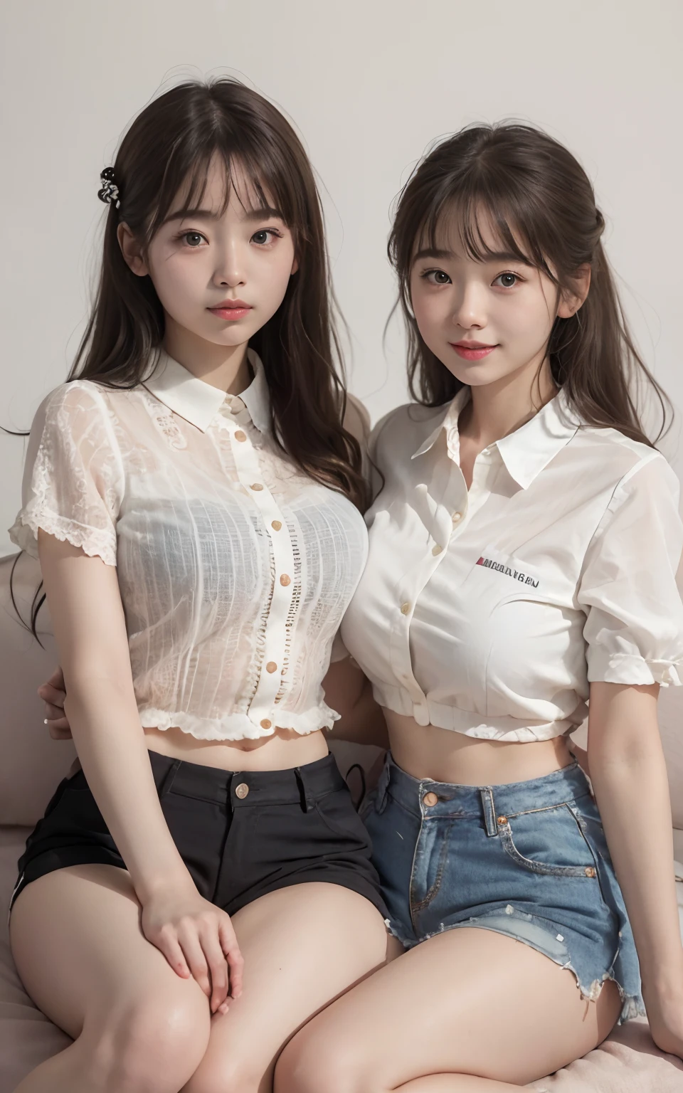 (2 girls of the same age:1.2) , couple focus, Adorable, 14years,   japanaese girl,  White collared shirt,  Sitting next to each other on a cushion, Knees ,  Short pants, (Smile),Twin-tailed,  hair scrunchie,  , (High color saturation:1.2), (Low contrast:1.1), (High color saturation:1.0), (highlydetailed skin), (Best Quality:1.0), (超A high resolution:1.0) ,(photographrealistic:1.0), (ultra-detailliert:1.0), (8K, Raw photo:1.1),(Breast:1.0)