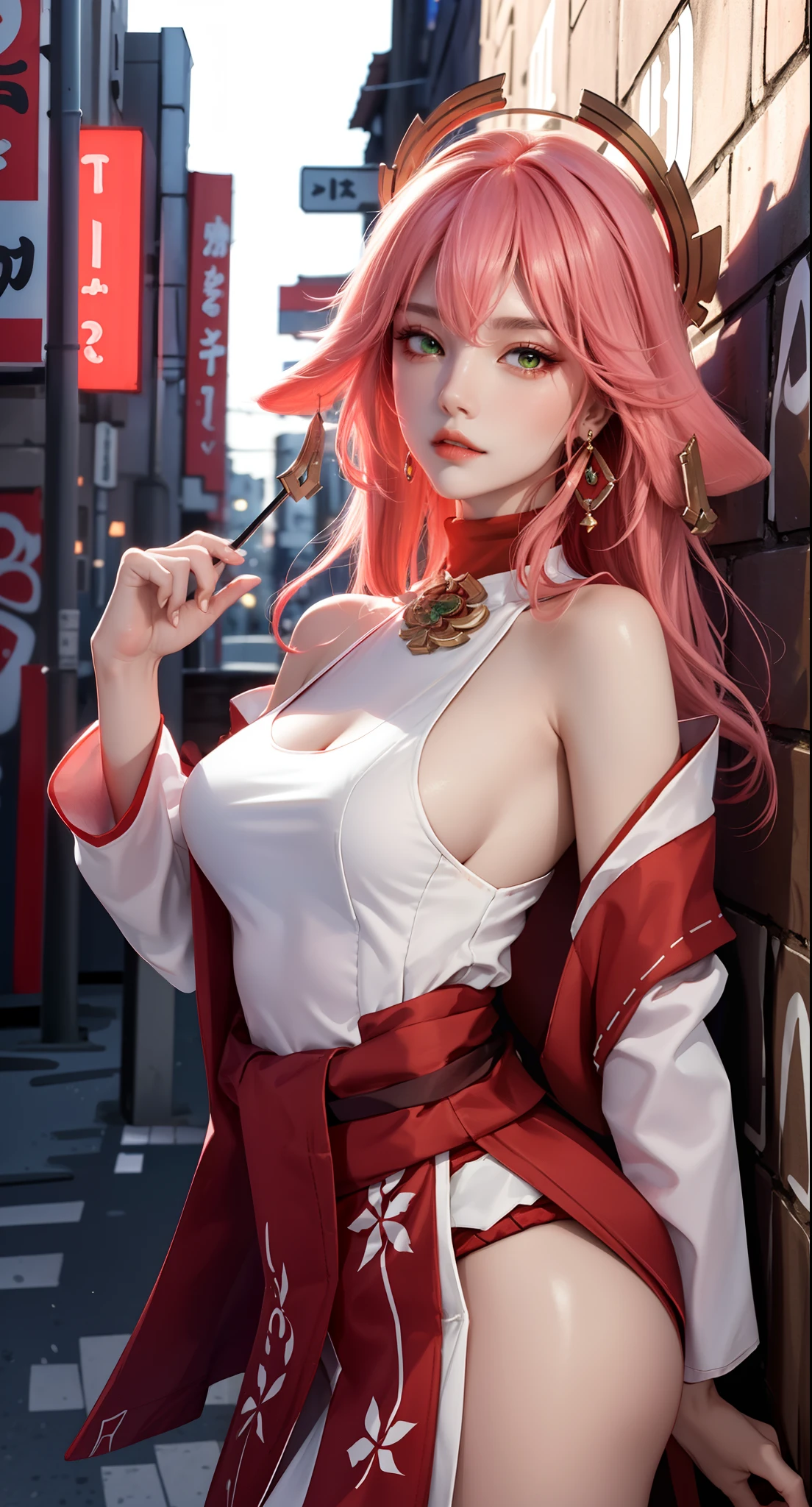 (Masterpiece, Excellent, 1girl, solo, complex details, color difference), realism, ((medium breath)), off-the-shoulders, big breasts, sexy, Yae Miko, long pink hair, red headdress, red highlight, hair above one eye, green eyes, earrings, sharp eyes, perfectly symmetrical figure, choker, neon shirt, open jacket, turtleneck sweater, against the wall, brick wall, graffiti, dim lighting, alley, looking at the audience, ((mean, seductive, charming)), ((autumn background))), ((tokyo background)))), (((luminous background))), (dynamic pose), tulle, bare shoulders, blooming flower fields, radiant skin, faint smile, sexy, bust, no breast cover, naked, cocked ass, tummy look