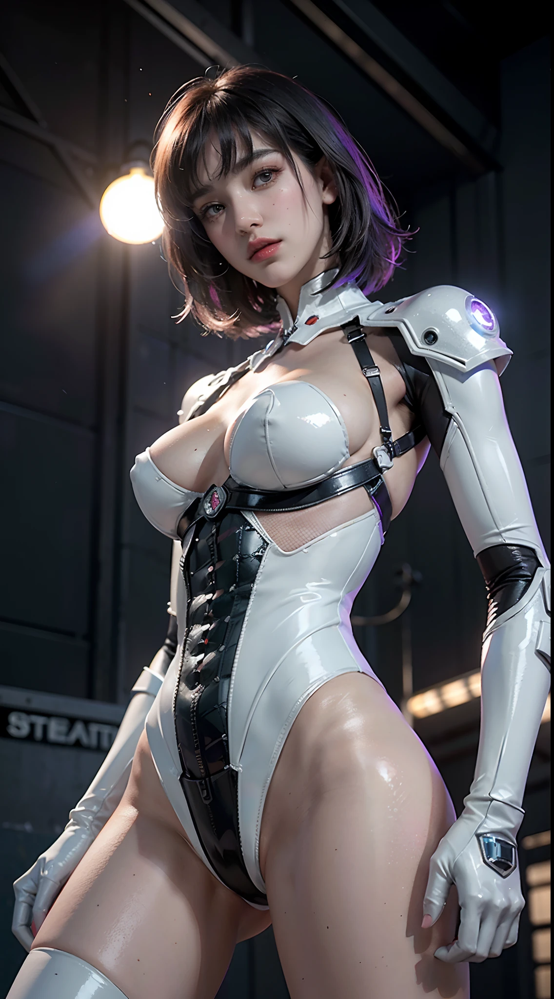 1mechanical_girl_with_kidou_keisatsu_patlabor_body , wearing_intricate_bioluminescent_mechanical_cyborg_armor_made_out_of ((white_beige_old_plastic)) , ((ultra realistic details)), detailed_face, global_illumination, shadows, octane_render, 8k, ultra_sharp, metal, ornaments_detailed, cold_colors, egypician_detail, highly_intricate_details, realistic_light, trending_on_cgsociety, glowing_eyes, look down on someone, ((from below)), lifted by self, looking at viewer, neon_details, machanical_limbs, blood_vessels_connected_to_tubes, ((lot_wires_and_cables_connecting_to_head_and_body)), killing_machine, extremely_sexy, lustful, medium breasts, slutty , official wallpaper, NSFW, In the style of Neon Genesis Evangelion, you find yourself standing on a desolate, post - apocalyptic wasteland, as the distant ruins of a massive city loom on the horizon. The sky is filled with ominous clouds, as a massive creature towers in the distance, cinematic light, dramatic light, pink + violet