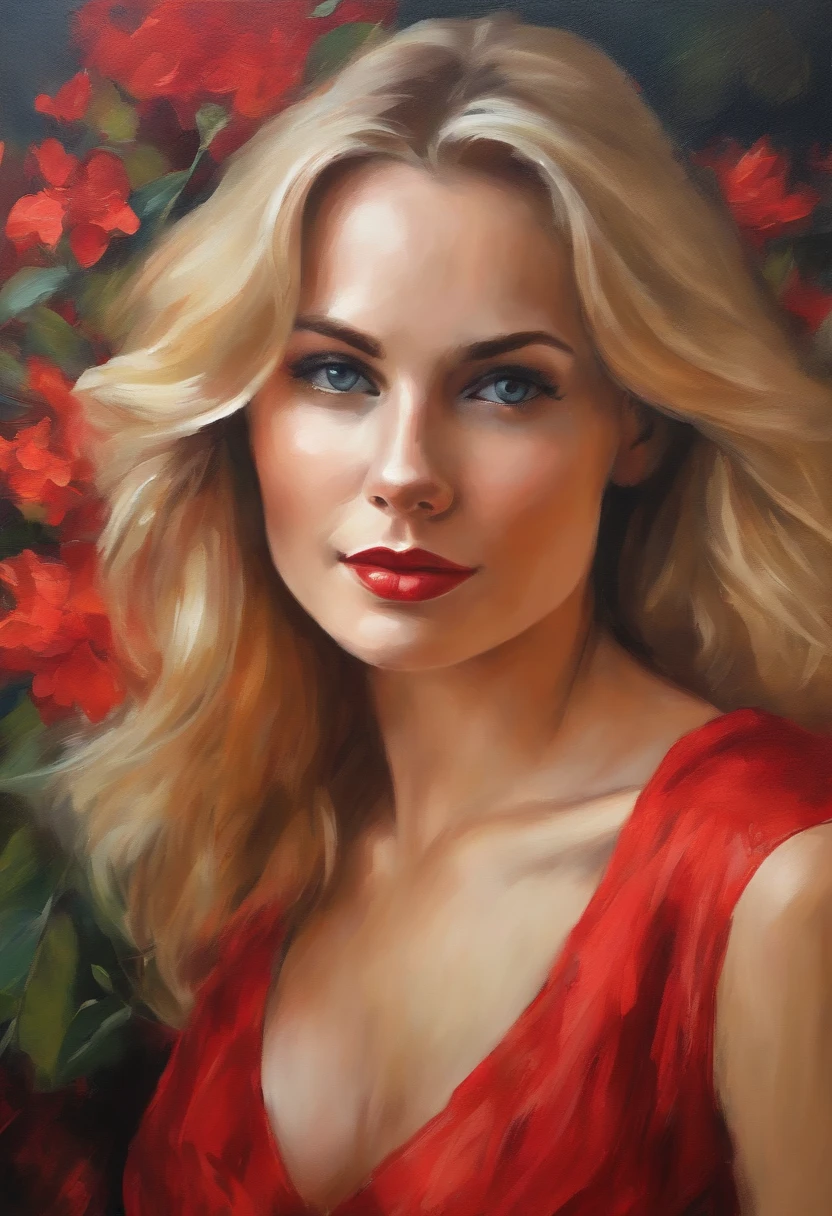 Female portrait, beautiful woman, blond hair, eyes looking at camera, red dress, acrylic painting, impressionist style, floral background, heavy brush stokes, vibrant colors, textured paint, fine art painting.