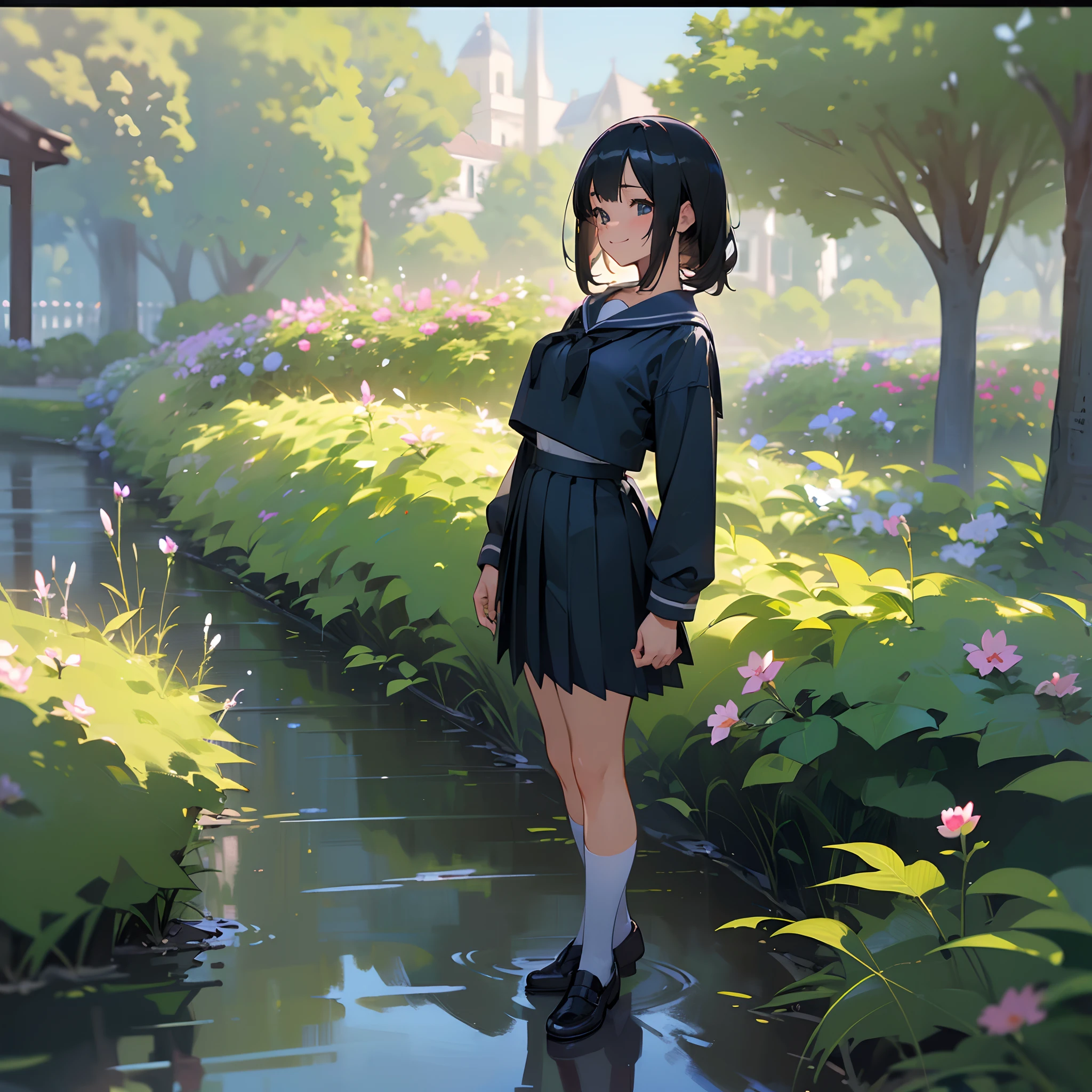 (Best Quality, hight resolution, Ultra-detailed, Realistic:1.37), peaceful ambiance, (plein air, garden), Teenage girl standing alone, Beautiful detailed features, Cute smile, ((Black bob hair)), ((Bigchest)), Navy blue sailor suit, Pleated skirt, Leather shoes.