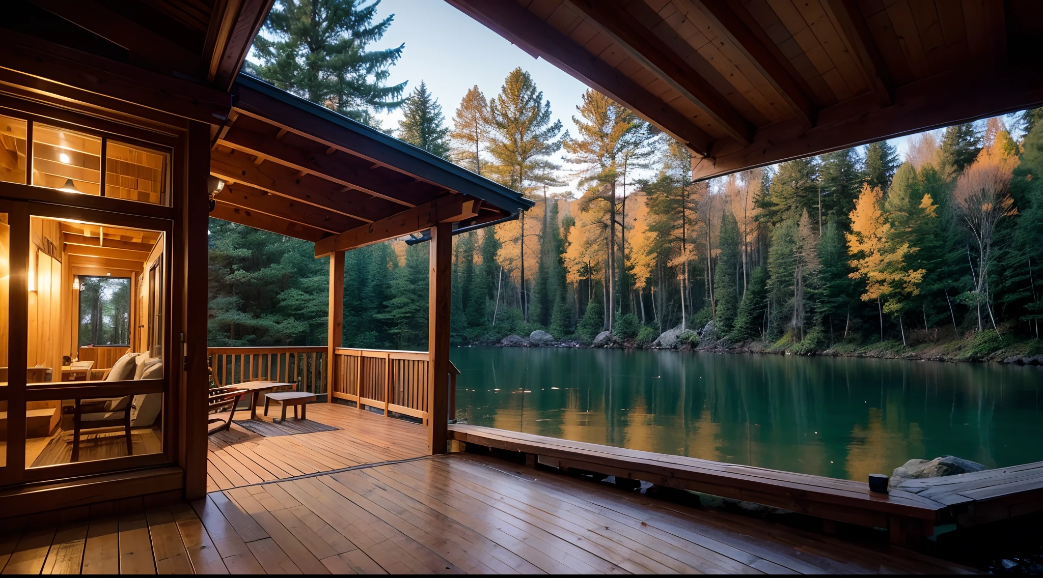 After Sunset、(cabin, Located on the lakeside、Surrounded by nature:1.1, leafy tree々On a small hill covered with), (Beautiful lake view, Calm and tranquil scenery), (Wooden exterior wall, harmonizing with the natural surroundings), (Glows softly in gentle light), (The roof of the cabin is covered with brown wood, It exudes a warm and cozy atmosphere of natural materials), (Autumn evening colors:0.9, Warm earthy tones), (Soft and natural lighting)