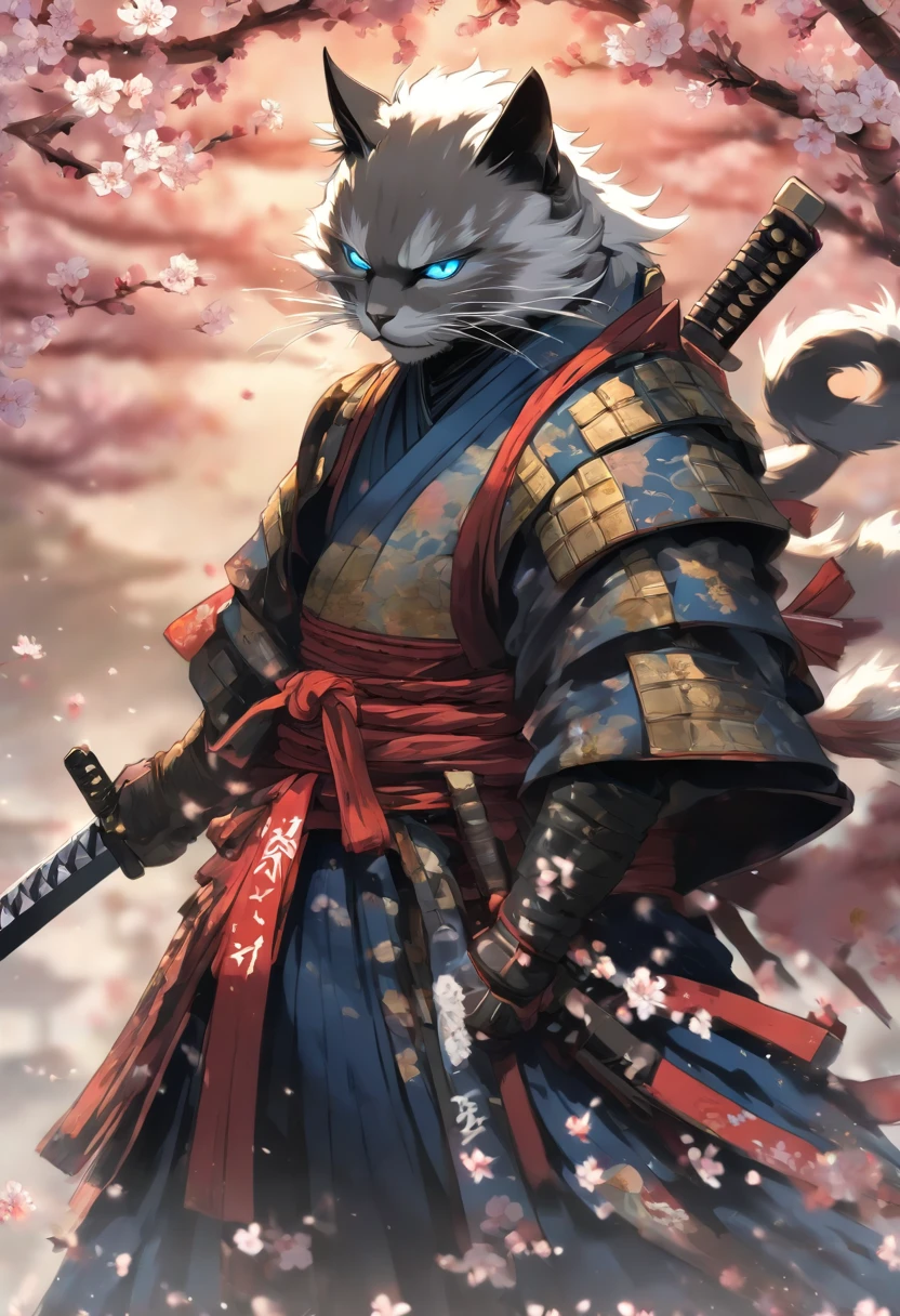 The most brave and noble cat samurai warrior drawing his sword going into battle, white hair, blue eyes, incredibly detailed black samurai armor with mounted sashimono war flag, cherry blossoms blowing in the wind, perfect masterpiece, high quality, high resolution