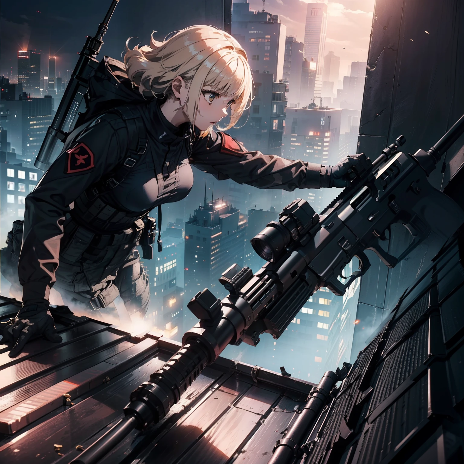 (Trained female soldiers)、((Aim and fire your rifle:1.4、Sniper stance、guns、h&K HK416))、1 Women、thick body、(Black combat uniform)、(platinum-blonde-hair:1.2)、((超A high resolution))、Detail Write、masterpiece、top-quality、extremely details CG、8K picture quality、Cinematographic lighting、lensflare、(Skyscraper rooftop at night:1.4)、Hyper-detailing、((Dynamic Angle Bust Shots:1.4))、Detailed firearm depiction、Rifle with perfect detail、Perfect barrel that does not distort、Fighter in the sky、