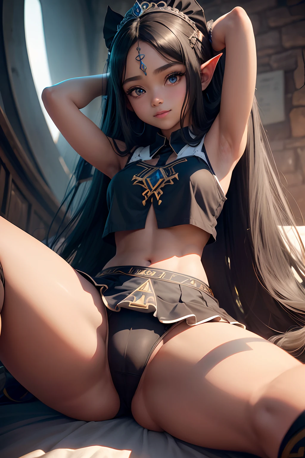 Obra maestra, best quality,Zelda (princess) black_long_hair, 1girl, , dark_light_skin, blue_eyes, (_teen_girl), armpit, big_legs, big_hips, ribbon_hair, open_legs, half_smile, school_wear, long_sox.
