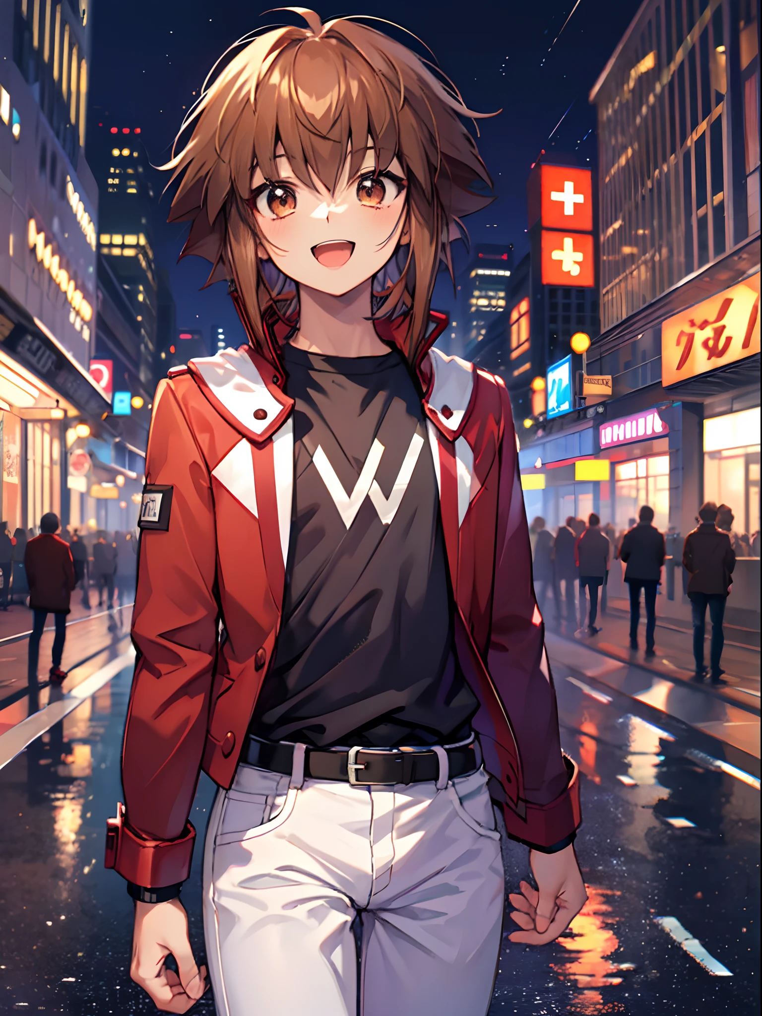 Yuuki Judai, 1boy, Brown hair, Solo, Red jacket, Bangs, Black shirt, Open jacket, hair between eye, Open mouth, Smile, White pants, red footwear, Outdoors, Duel Academy Uniforms (遊戯王! nffsw),
skyscraper, night, 
(Close Shot, Best Quality, hight resolution, 4K, Detailed Lighting, Shaders), 
Smile,
Looking at Viewer, Cowboy Shot,
handshake,