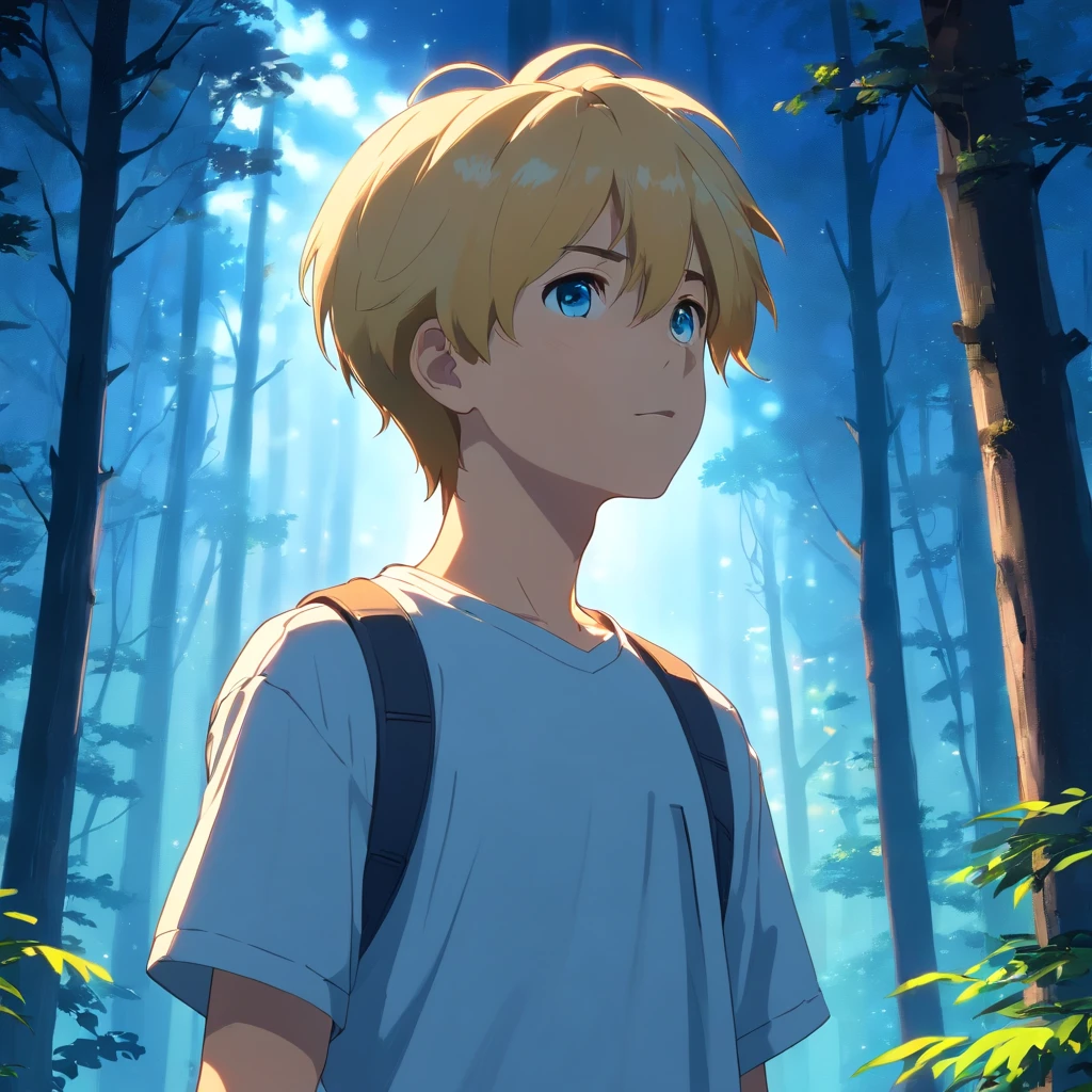 masterpiece, best quality, movie still, 1boy, 15 years old, short blonde hair, blue eyes, wearing white t-shirt, dark-skinned, standing in forest, looking up at the sky, midnight, cinematic