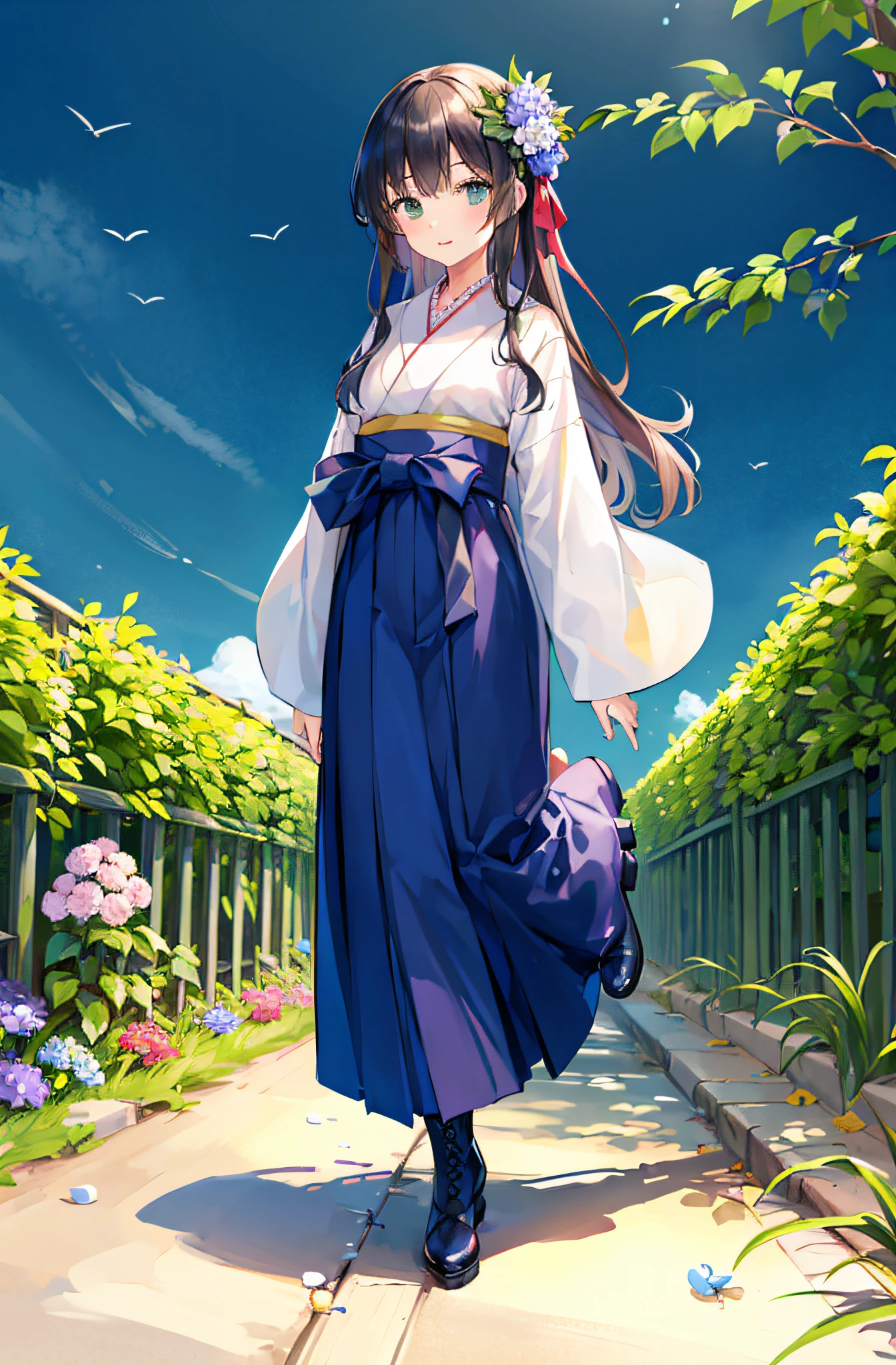 ((​masterpiece、top-quality、ighly detailed、insanely detaileda、Detailed CG、8k wallpaper))、(1girl in:1.4)、Super Idol、face perfect、Teen、plein air、(Summer Cloud:1)、(A dark-haired、The long-haired、Hakama、Kimono:1.1)、hair adornments、Walking、(hydrangeas:1)、(green leafs)、long boots、Standing、独奏、Look at viewers