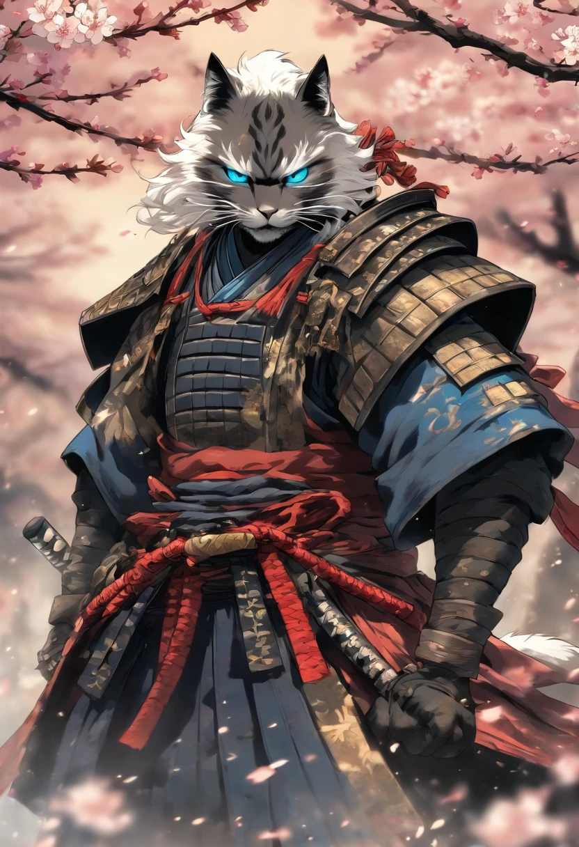 The most brave and noble cat samurai warrior drawing his sword going into battle, white hair, blue eyes, incredibly detailed black samurai armor with mounted sashimono war flag, cherry blossoms blowing in the wind, perfect masterpiece, high quality, high resolution