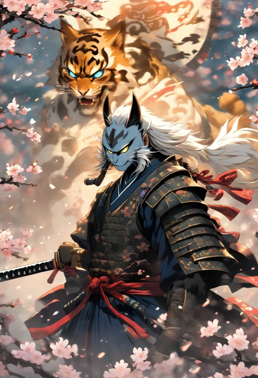 The most brave and noble cat samurai warrior drawing his sword going into battle, white hair, blue eyes, incredibly detailed black samurai armor with mounted sashimono war flag, cherry blossoms blowing in the wind, perfect masterpiece, high quality, high resolution