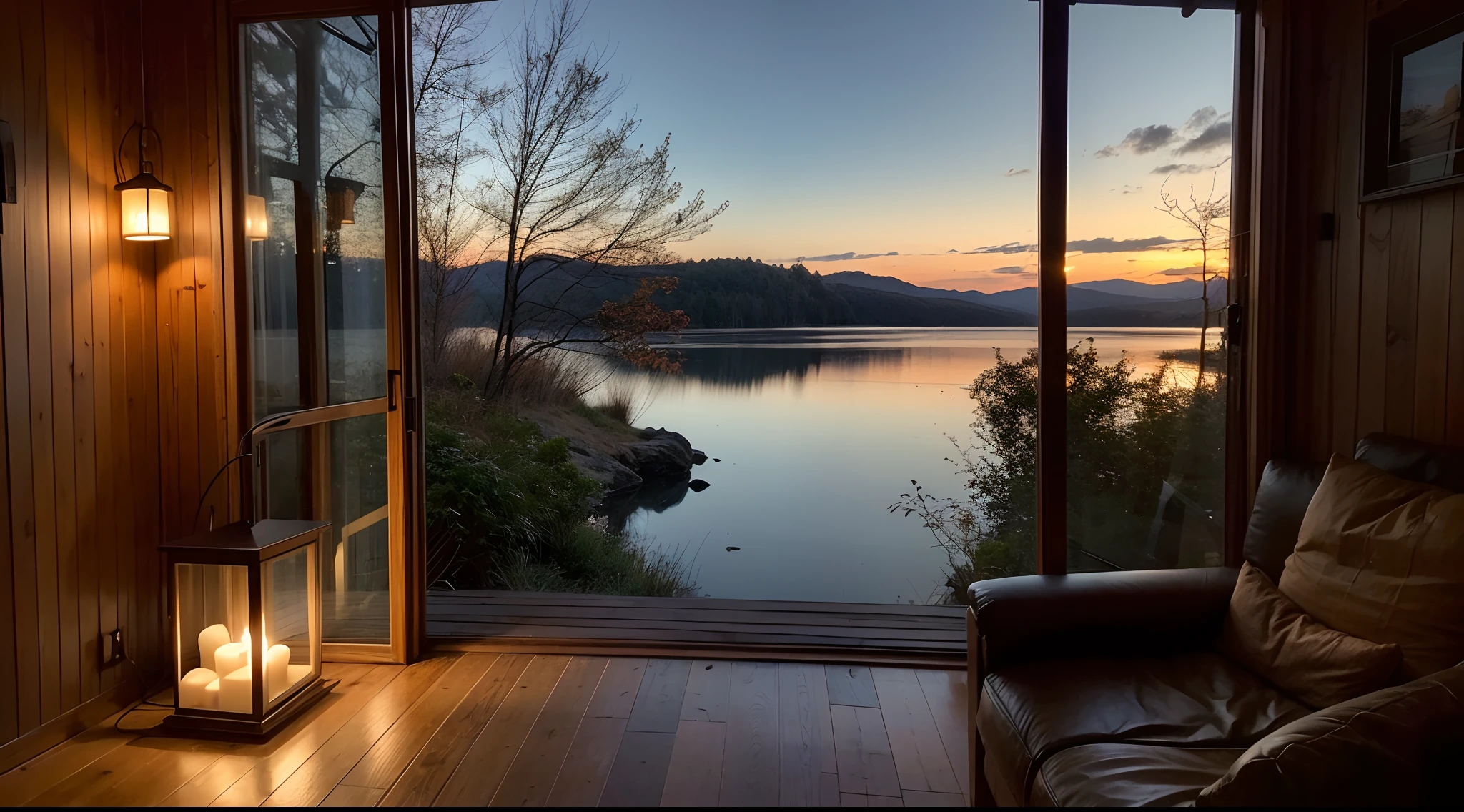 After Sunset、(cabin, Located on the lakeside、Surrounded by nature:1.1, leafy tree々On a small hill covered with), (Beautiful lake view, Calm and tranquil scenery), (Wooden exterior wall, harmonizing with the natural surroundings), (Glows softly in gentle light), (The roof of the cabin is covered with brown wood, It exudes a warm and cozy atmosphere of natural materials), (Autumn evening colors:0.9, Warm earthy tones), (Soft and natural lighting)