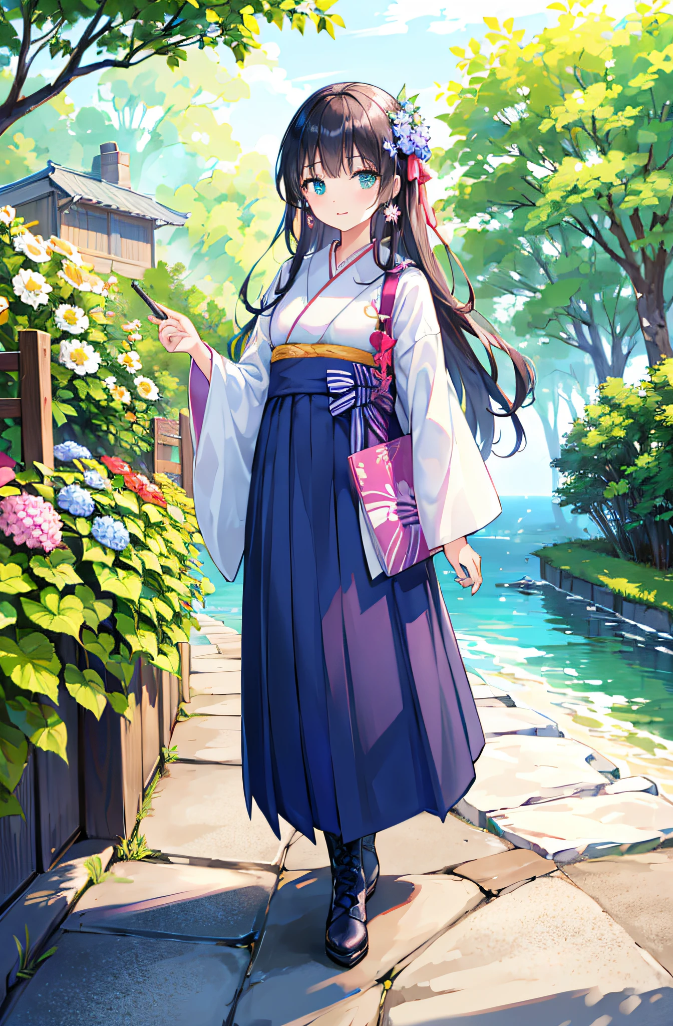 ((​masterpiece、top-quality、ighly detailed、insanely detaileda、Detailed CG、8k wallpaper))、(1girl in:1.4)、Super Idol、face perfect、Teen、plein air、(Summer Cloud:1)、(A dark-haired、The long-haired、Hakama、Kimono:1.1)、hair adornments、Walking、(hydrangeas:1)、(green leafs)、long boots、Standing、独奏、Look at viewers