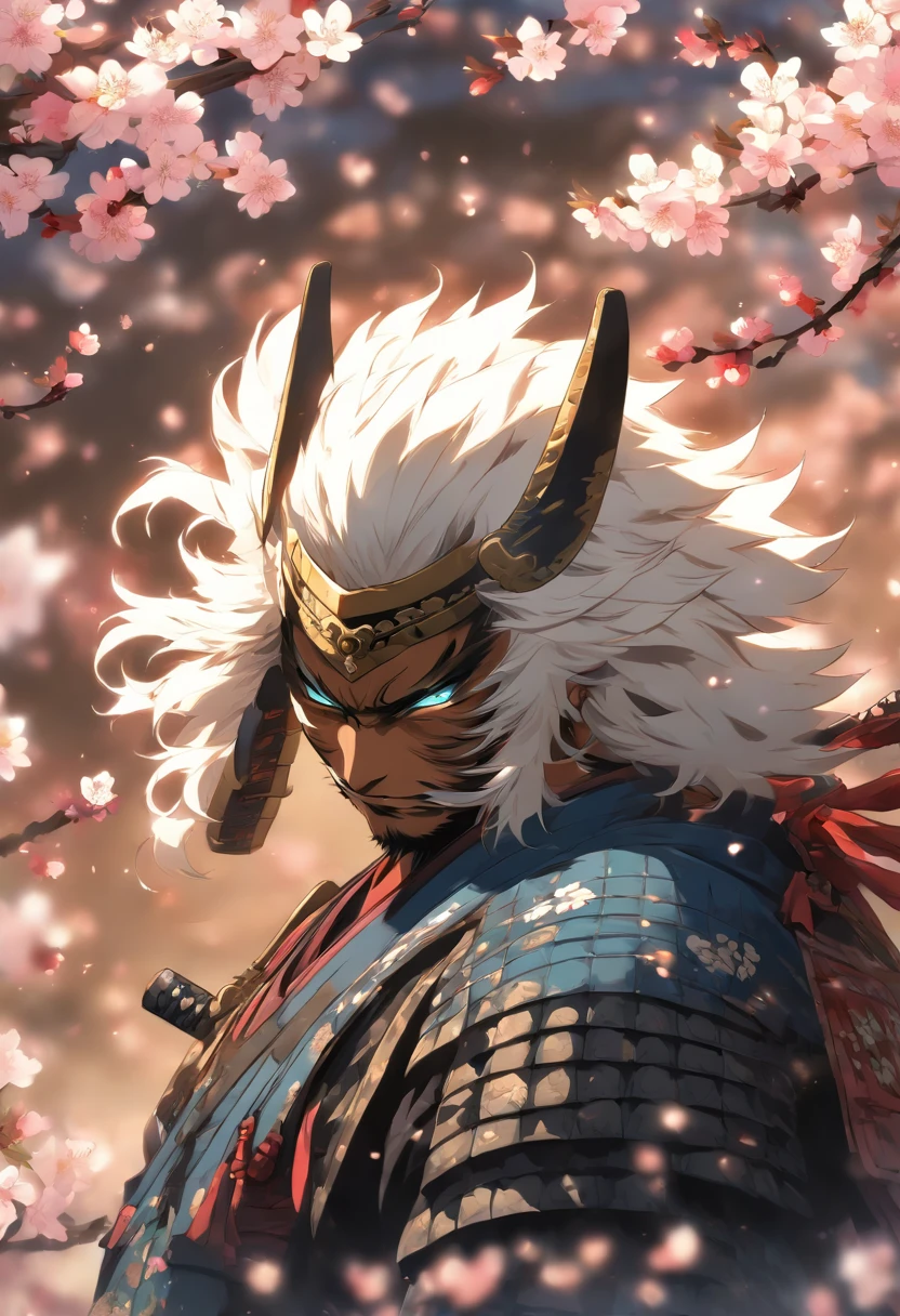 The most brave and noble cat samurai warrior, white hair, blue eyes, incredibly detailed black samurai armor with mounted sashimono war flag, cherry blossoms blowing in the wind, perfect masterpiece, high quality, high resolution