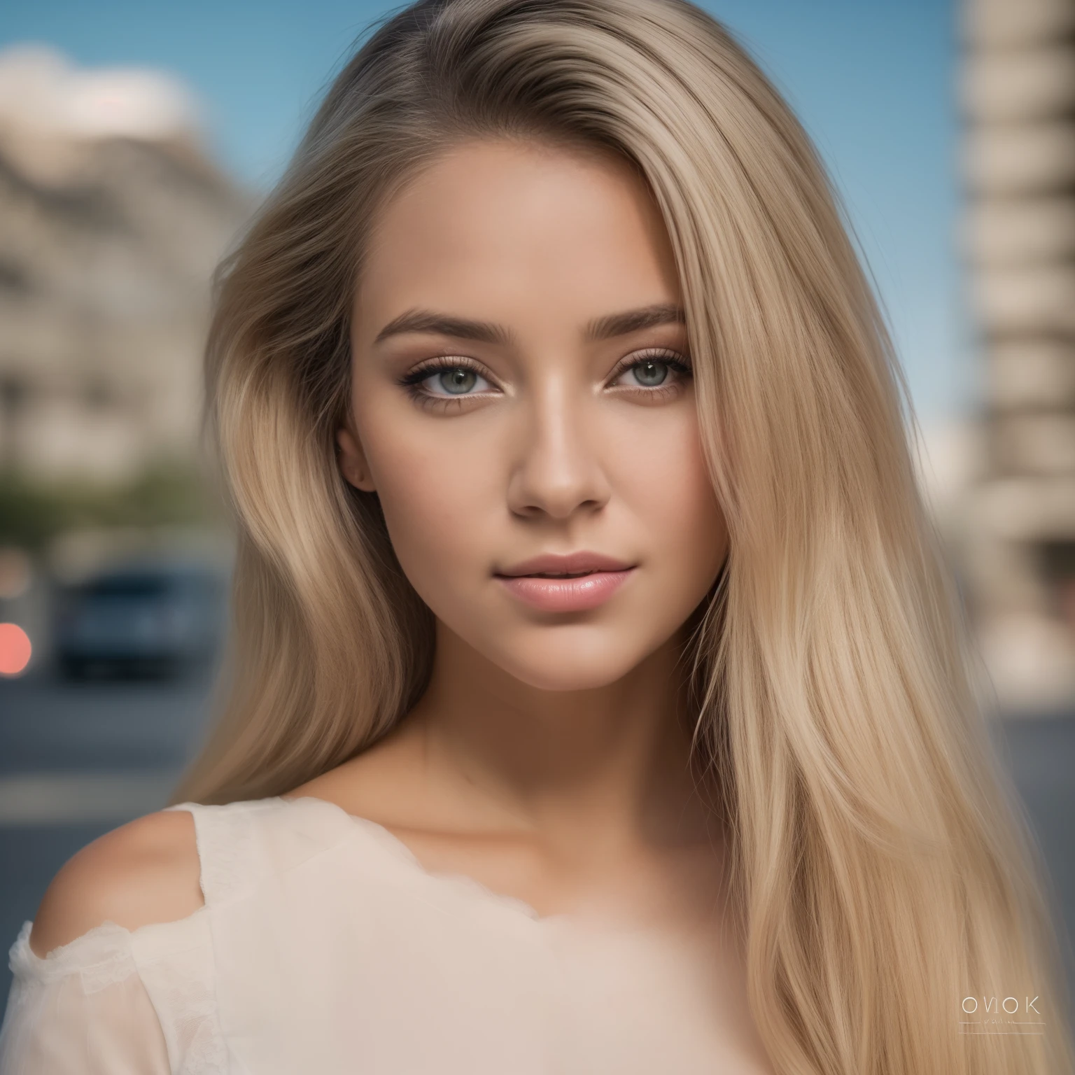 Mulher loira com olhos azuis e longos cabelos loiros posando para uma foto, mulher com pele de oliva, foto retrato suave 8 k, rosto bonito fotorrealista, loira bonita, cabelos loiros elegantes, cabelos loiros limpos, retrato de beleza detalhado, color photograph portrait 4k, blonde flowing hair, rosto bonito realista, Anton Fadeev 8 K, Cinematic realistic portrait, mulher loira bonita, belo rosto realista, Sydney Sweeney 8k