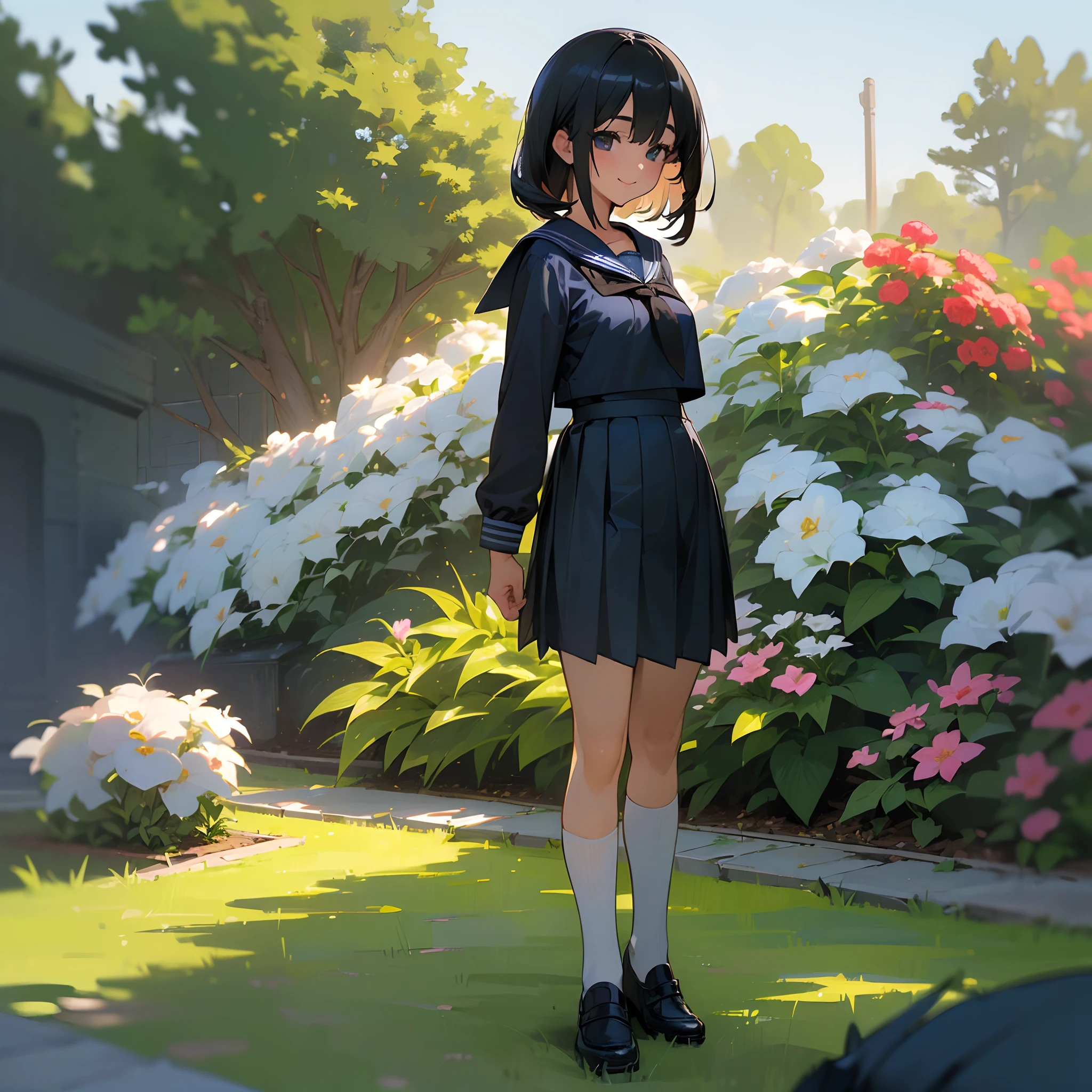 (Best Quality, hight resolution, Ultra-detailed, Realistic:1.37), peaceful ambiance, (plein air, garden), girl standing alone, Beautiful detailed features, Cute smile, ((Black bob hair)), ((Bigchest)), Navy blue sailor suit, Pleated skirt, Leather shoes.