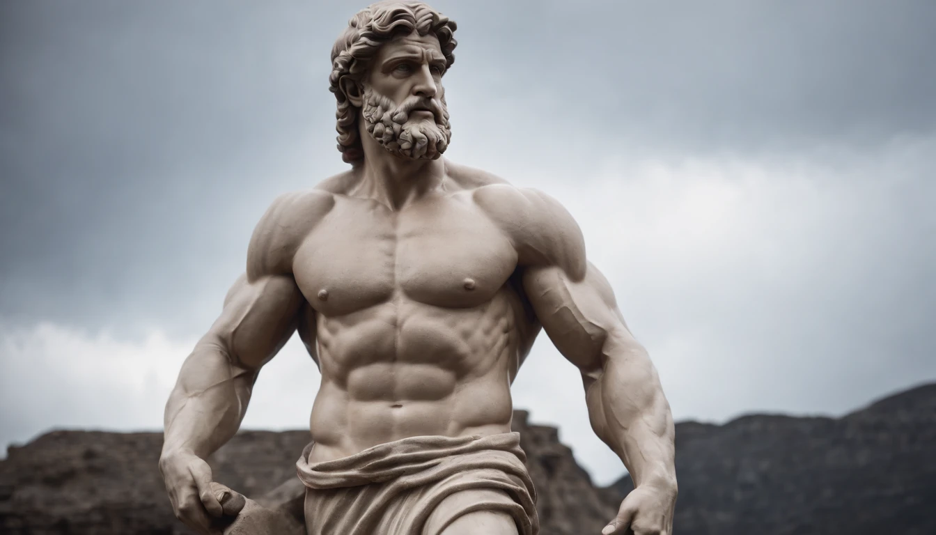 Stoic Greek Hercules style statue with highlighted muscles dark background