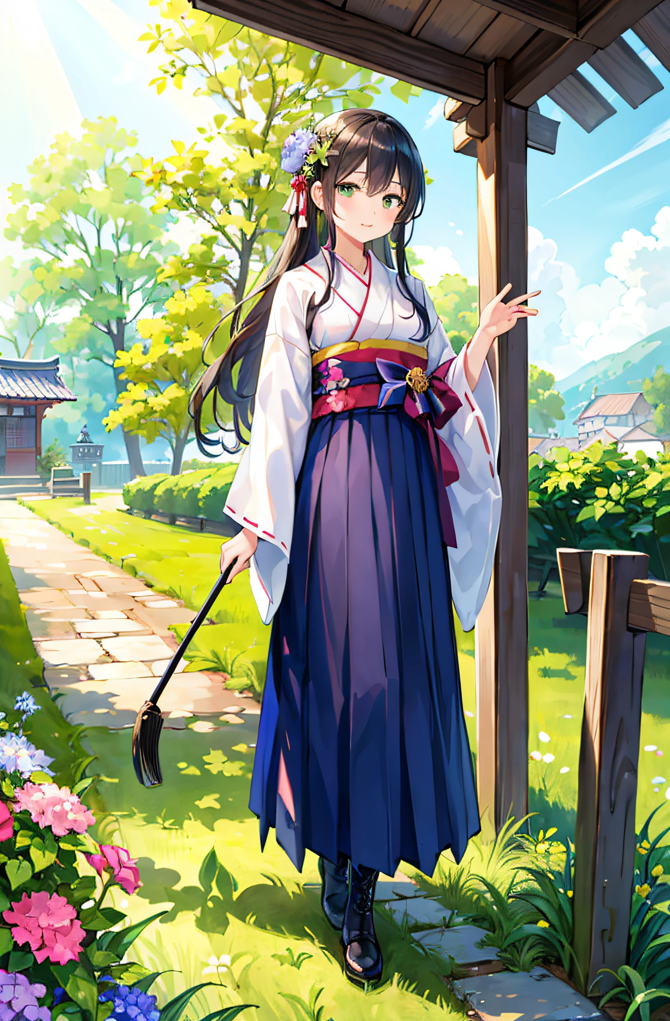 ((​masterpiece、top-quality、ighly detailed、insanely detaileda、Detailed CG、8k wallpaper))、(1girl in:1.4)、Super Idol、face perfect、Teen、plein air、(Summer Cloud:1)、(A dark-haired、The long-haired、Hakama、Kimono:1.1)、hair adornments、Walking、(hydrangeas:1)、(green leafs)、long boots、Standing、独奏、Look at viewers