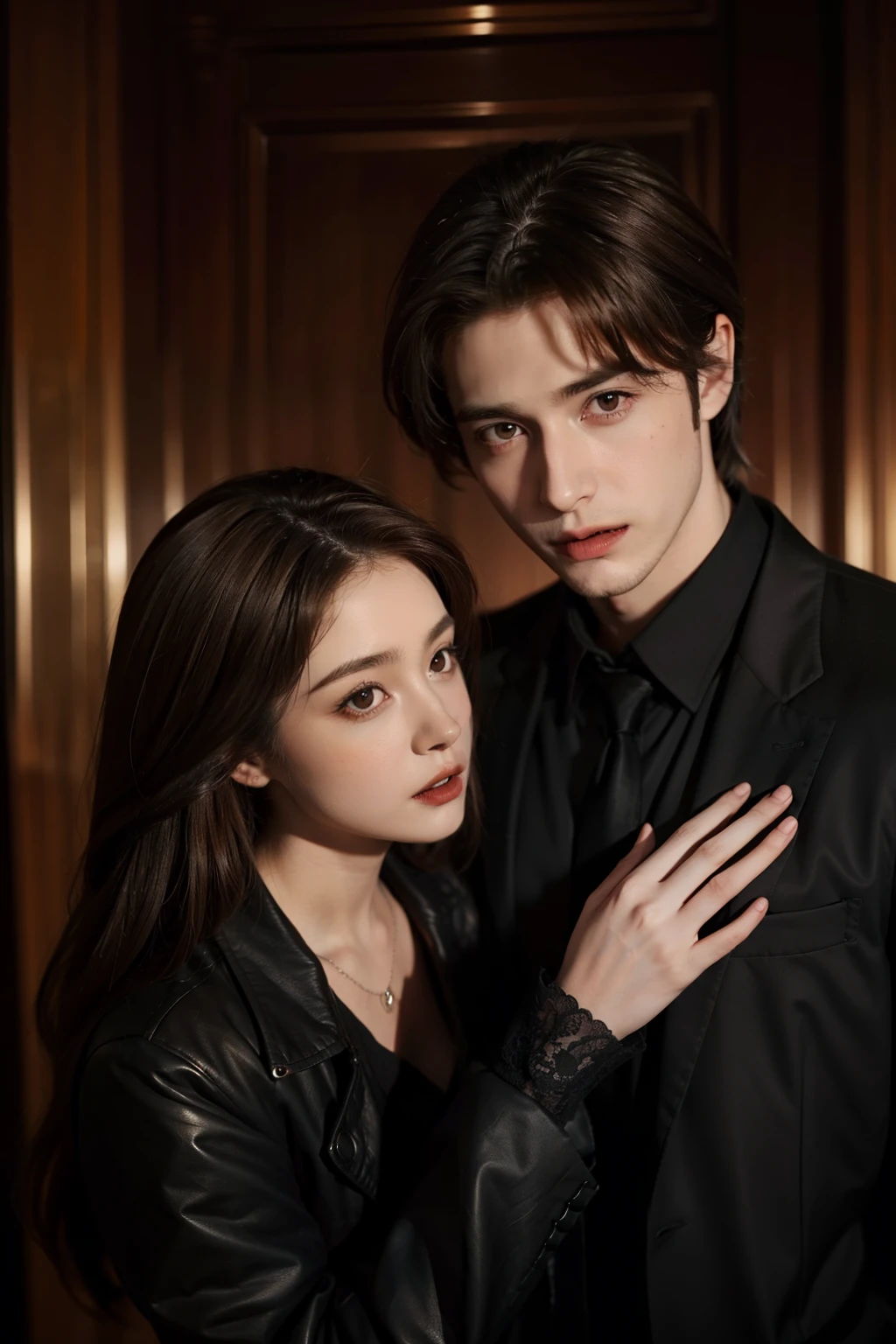 couple, male, female with brown hair, masterpiece, best quality:1.4, vampire vibes, 1girl, 1boy, supernatural background, supernatural costumes