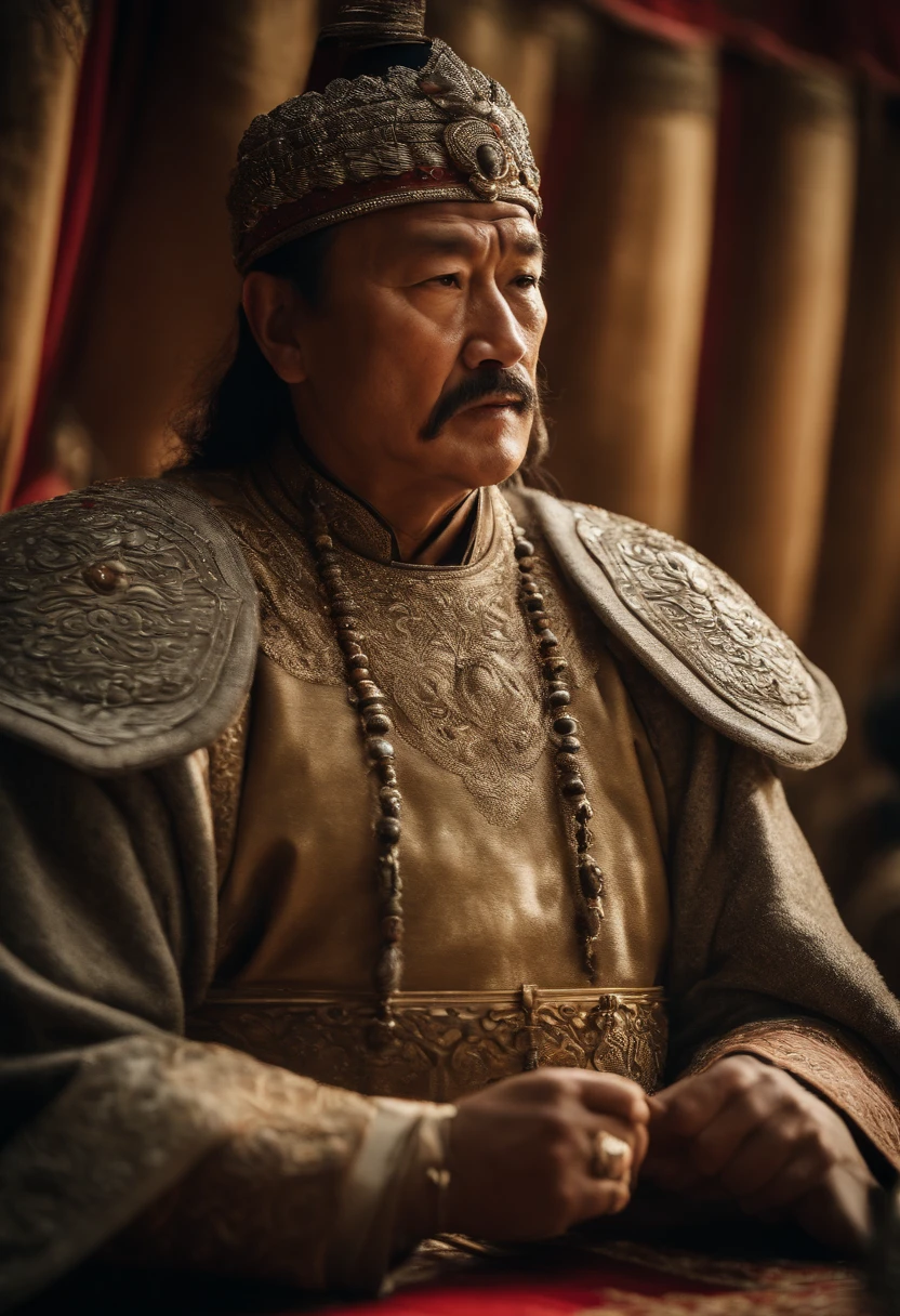 crie uma imagem representando Genghis Khan usando a diplomacia de filhas,arranjando casamentos entre suas filhas e reis aliados,enquanto impoe condicoes e deveres militares