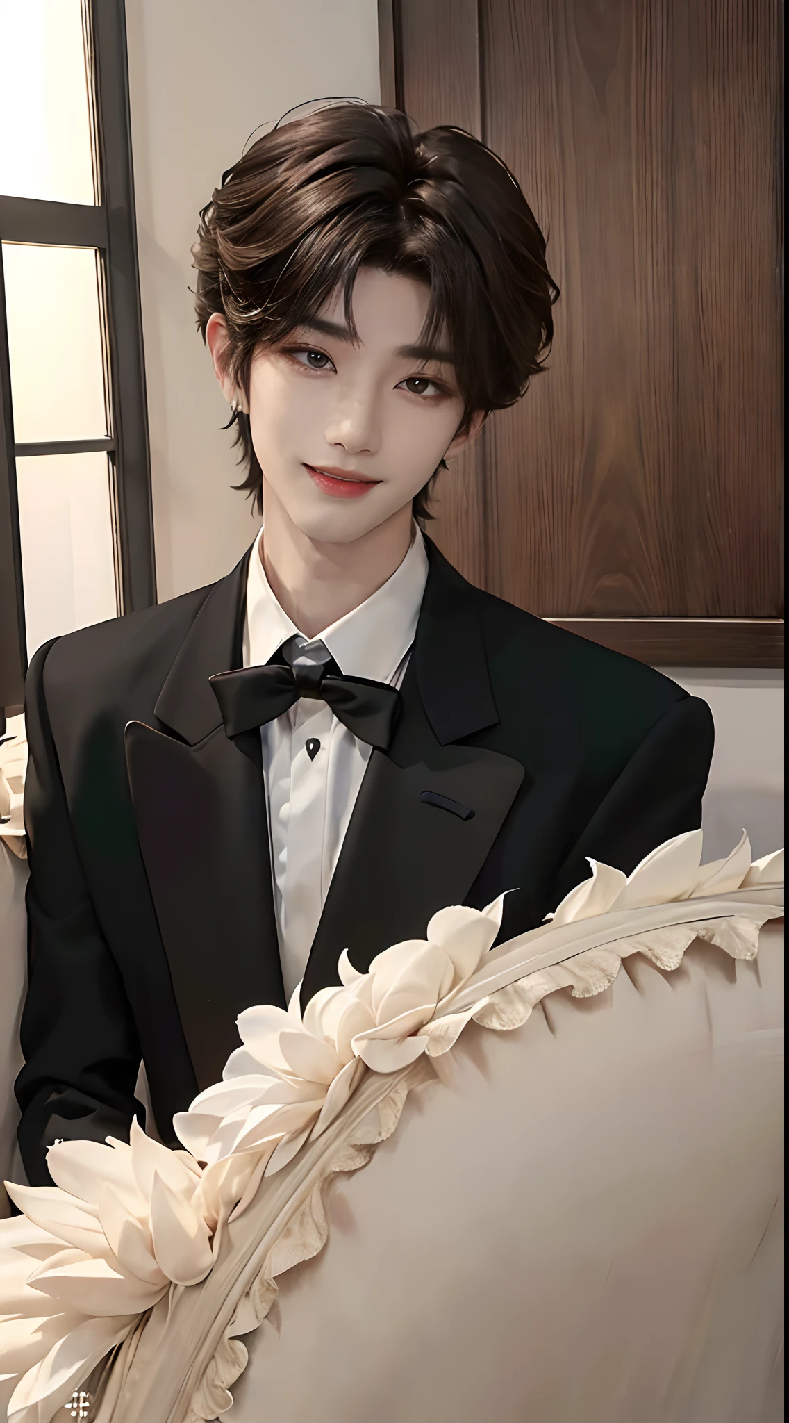 ((4K works))、masterpiece、(top-quality)、((high-level image quality))、((One Manly Boy))、Slim body、((Man in black tuxedo))、(Detailed beautiful eyes)、window、deacon、Face similar to Chaewon in Ruseraphim、((short hair above the ears))、((Smaller face))、((Neutral face))、((Light brown eyes))、((Korean boy))、((18year old))、((Handsome man))、((Smiling expression))、((Korean Makeup))、((elongated and sharp eyes))、((Focus zoom out))、((Butler Photos))、Professional Photos、((Shot alone))、((Upper body photography))、((Butler Pose))